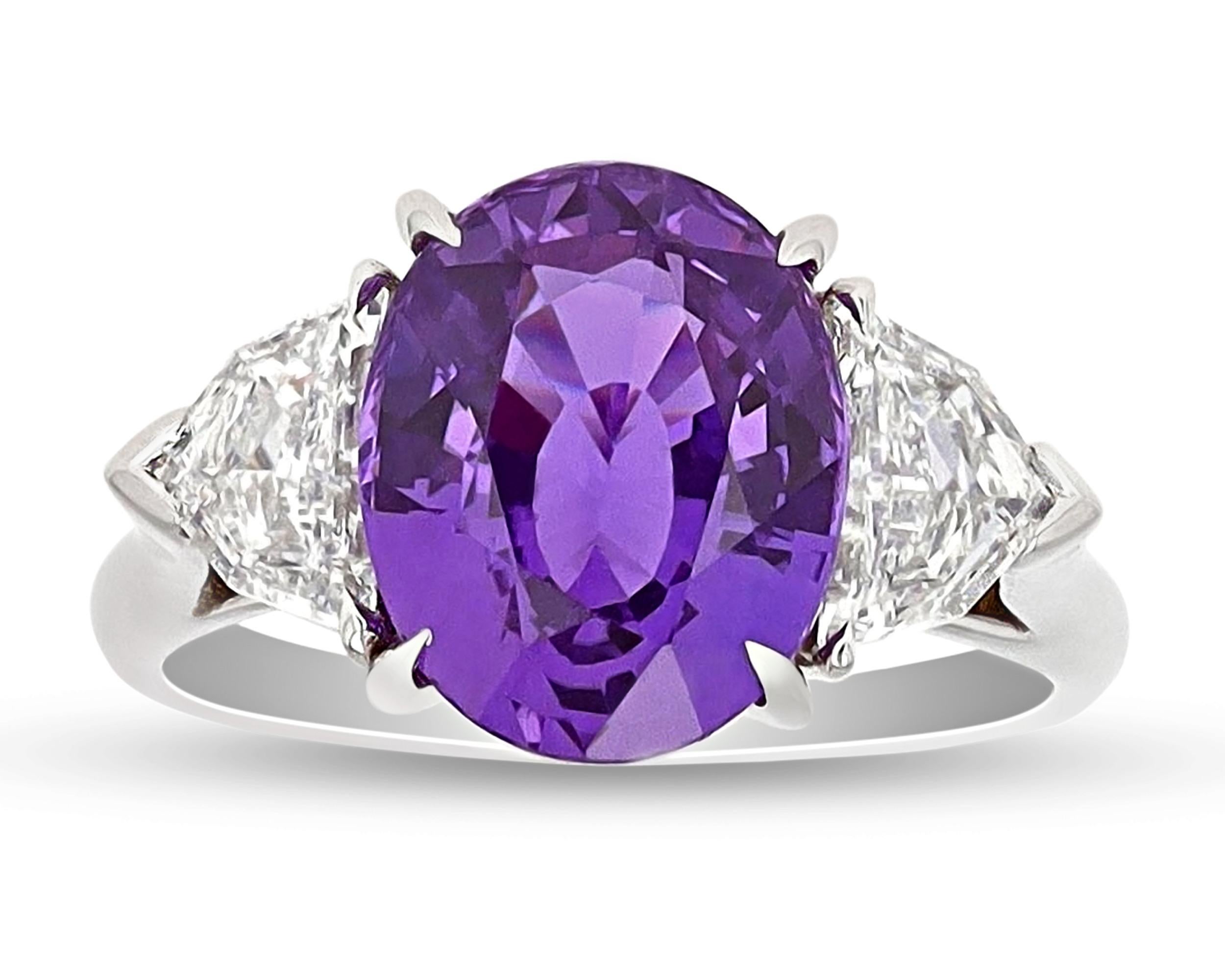 An attractive purple hue, a rare and coveted color for sapphires, distinguishes this stunning ring. Purple sapphires stand among the most highly sought-after colored gemstones and are highly treasured among gem collectors. This highly saturated