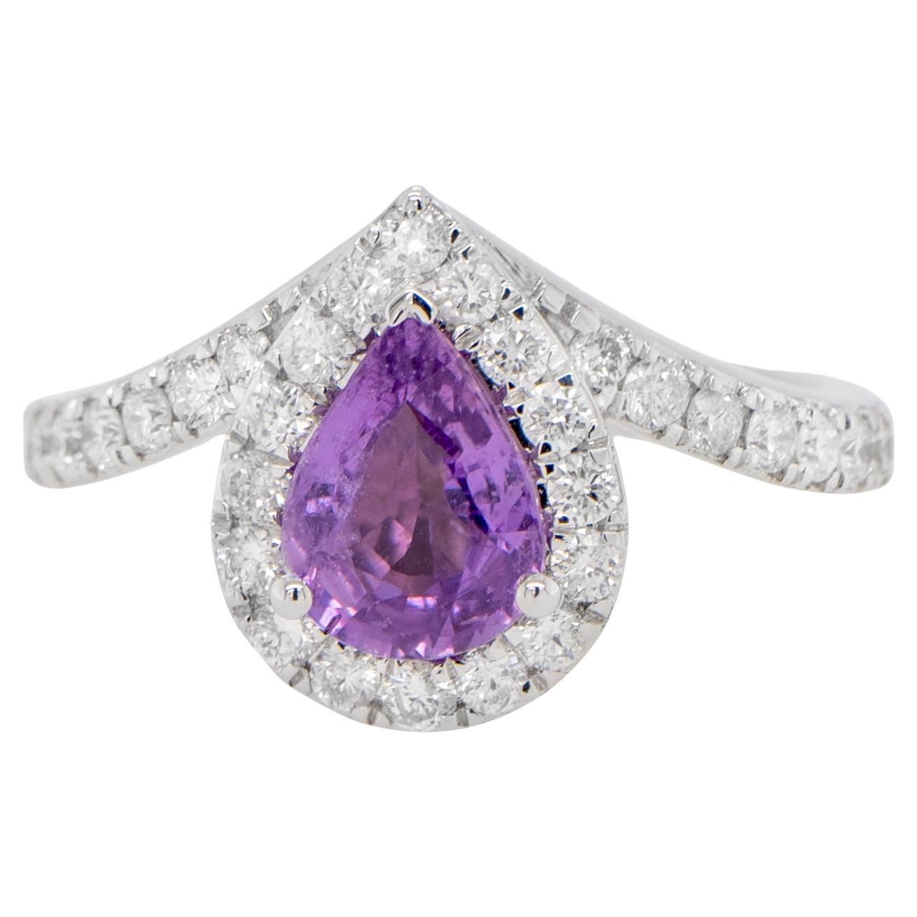 Purple Sapphire Ring With Diamond Halo Setting 1.78 Carats 18K Gold For Sale
