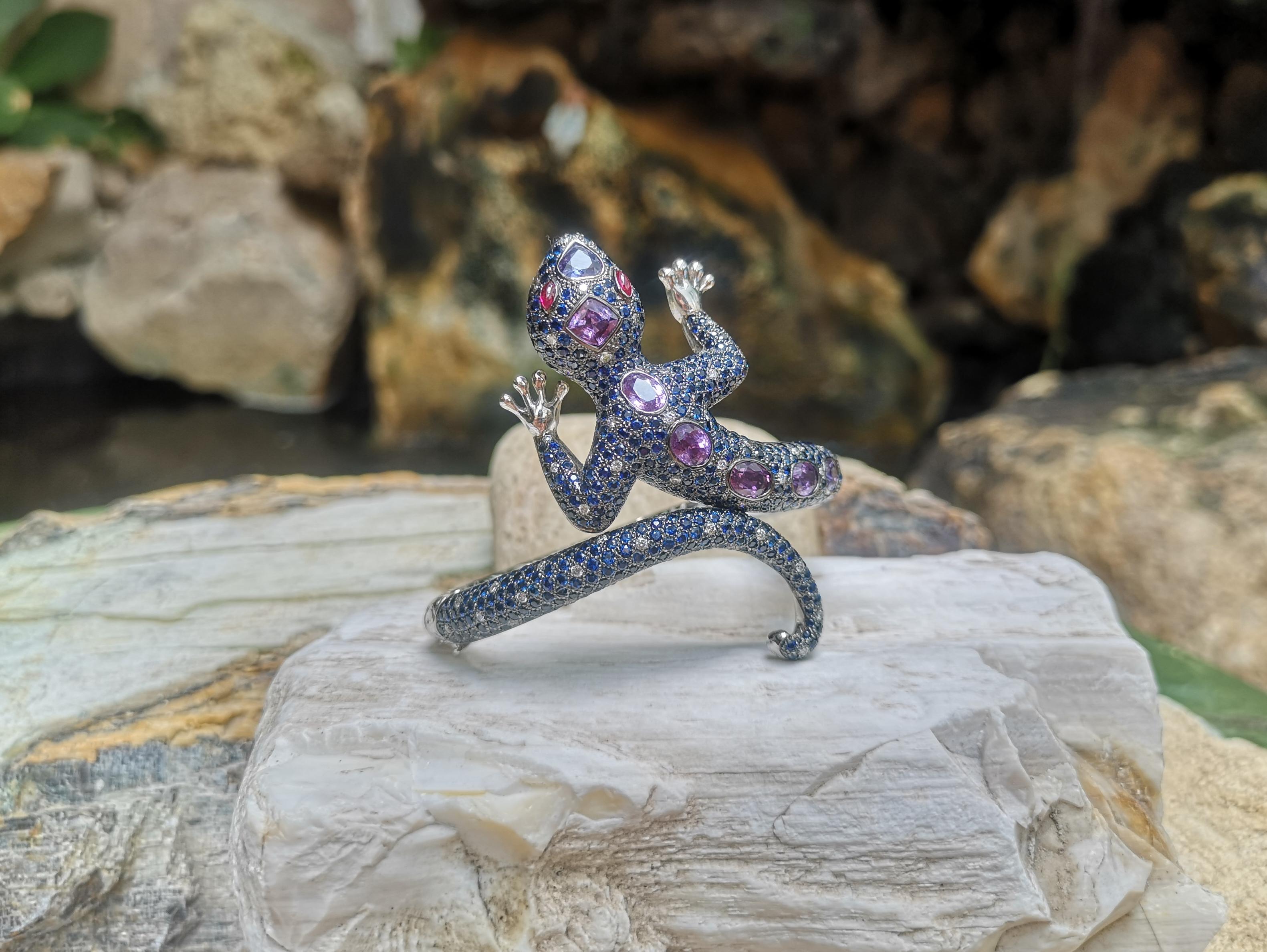 Purple Sapphire, Ruby, Blue Sapphire, Diamond Lizard Bangle in 18k White Gold For Sale 4