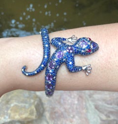 Purple Sapphire, Ruby, Blue Sapphire, Diamond Lizard Bangle in 18k White Gold