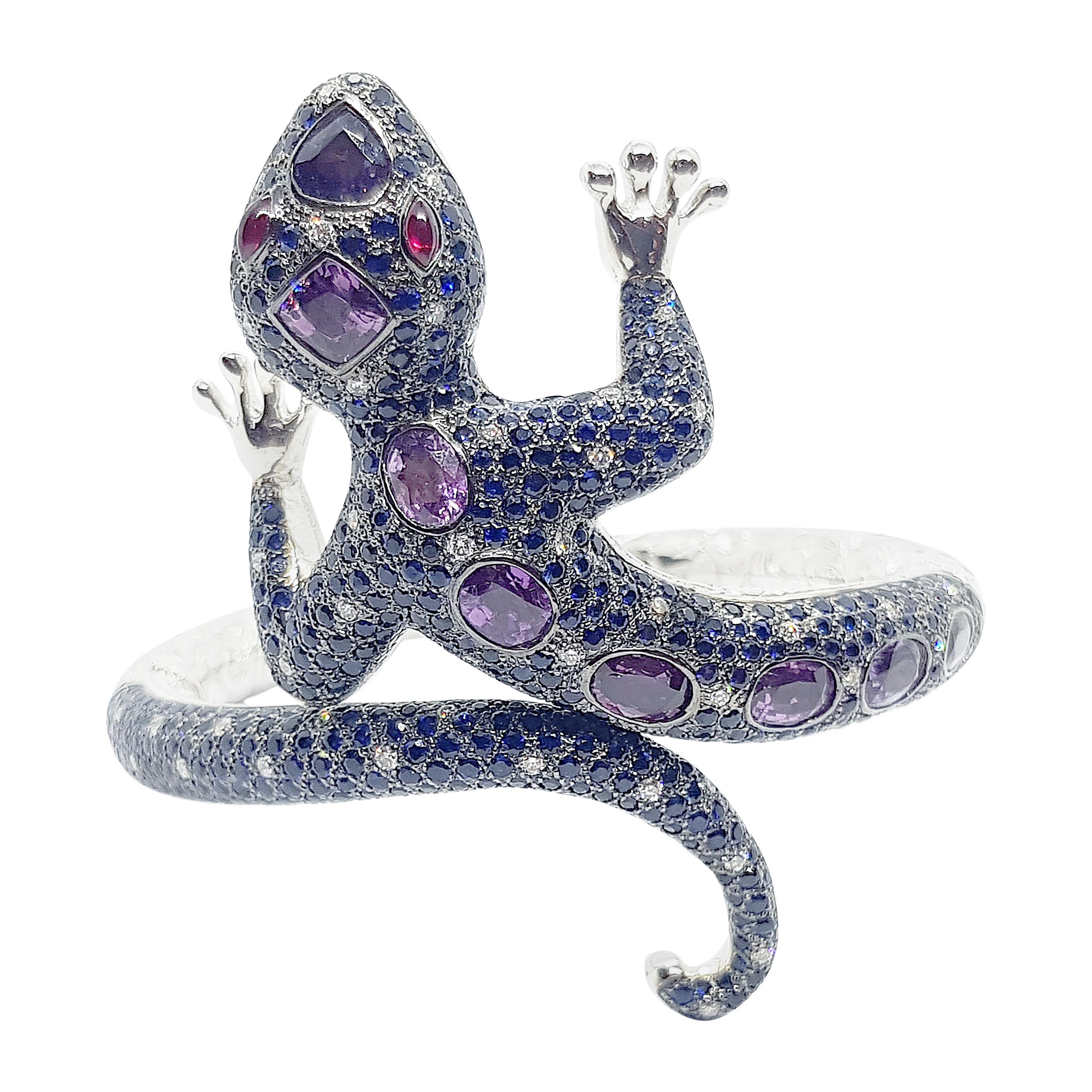 Purple Sapphire, Ruby, Blue Sapphire, Diamond Lizard Bangle in 18k White Gold For Sale