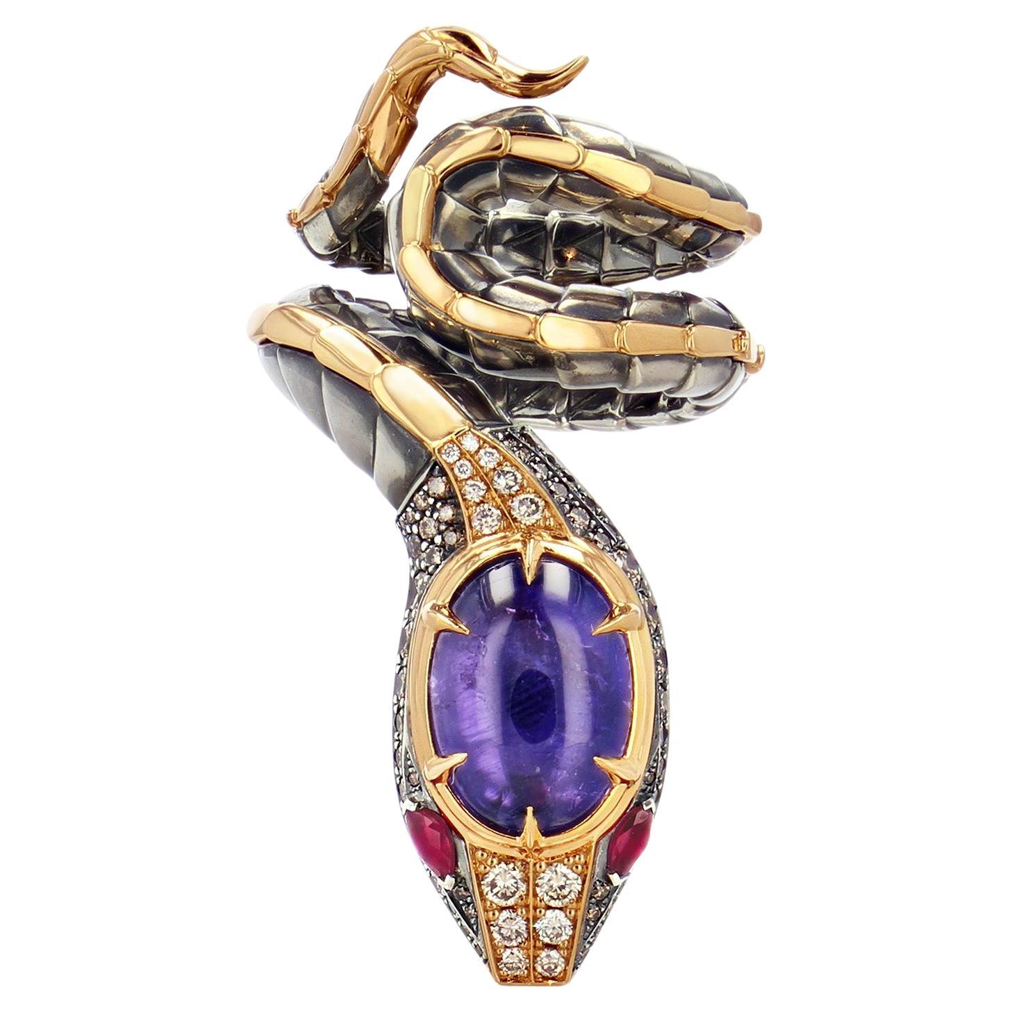 Bague serpent en saphir violet en or rose 18k par Elie Top