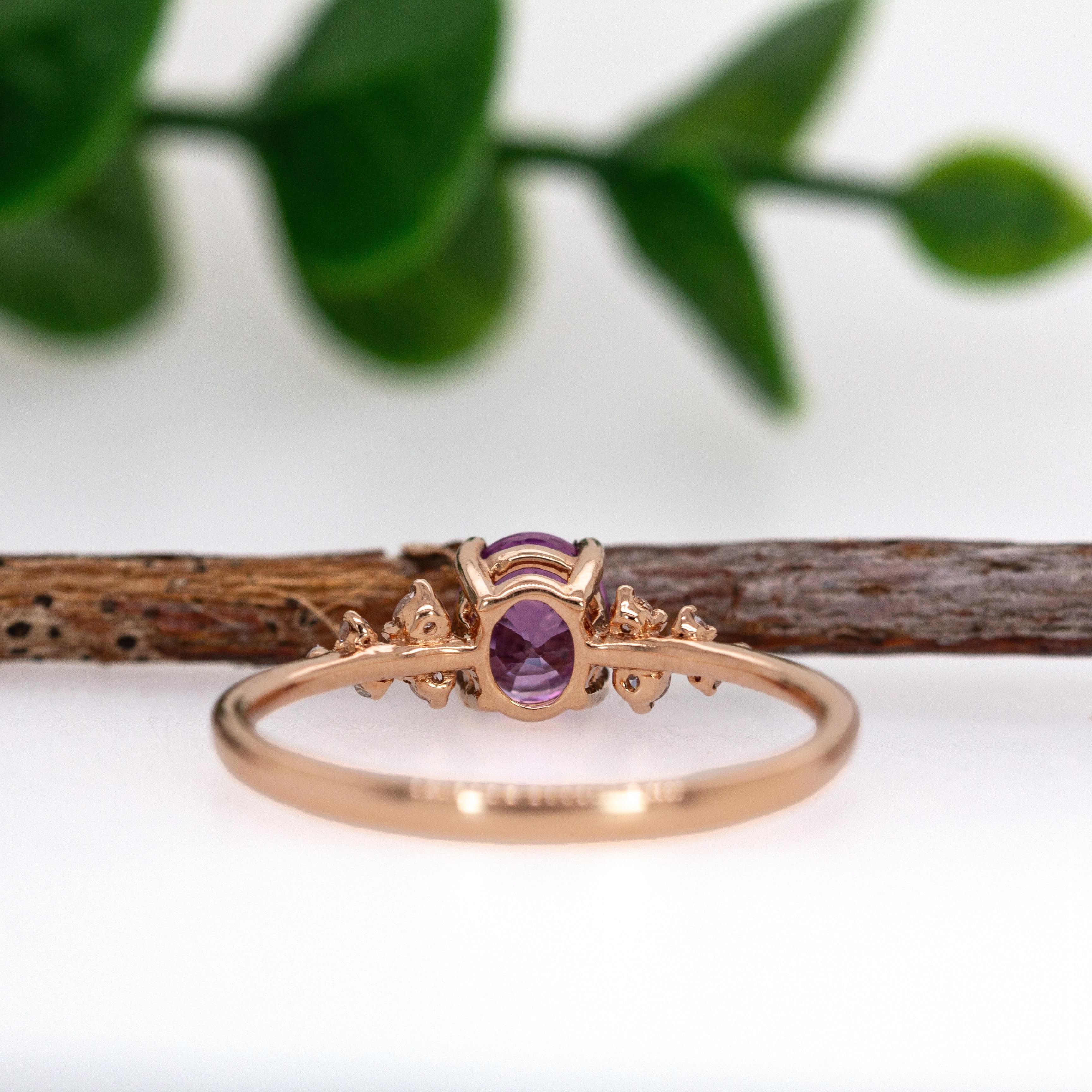 Bague en or rose massif 14K avec saphir violet et diamants minés par la terre  OV 6x4mm Neuf - En vente à Columbus, OH