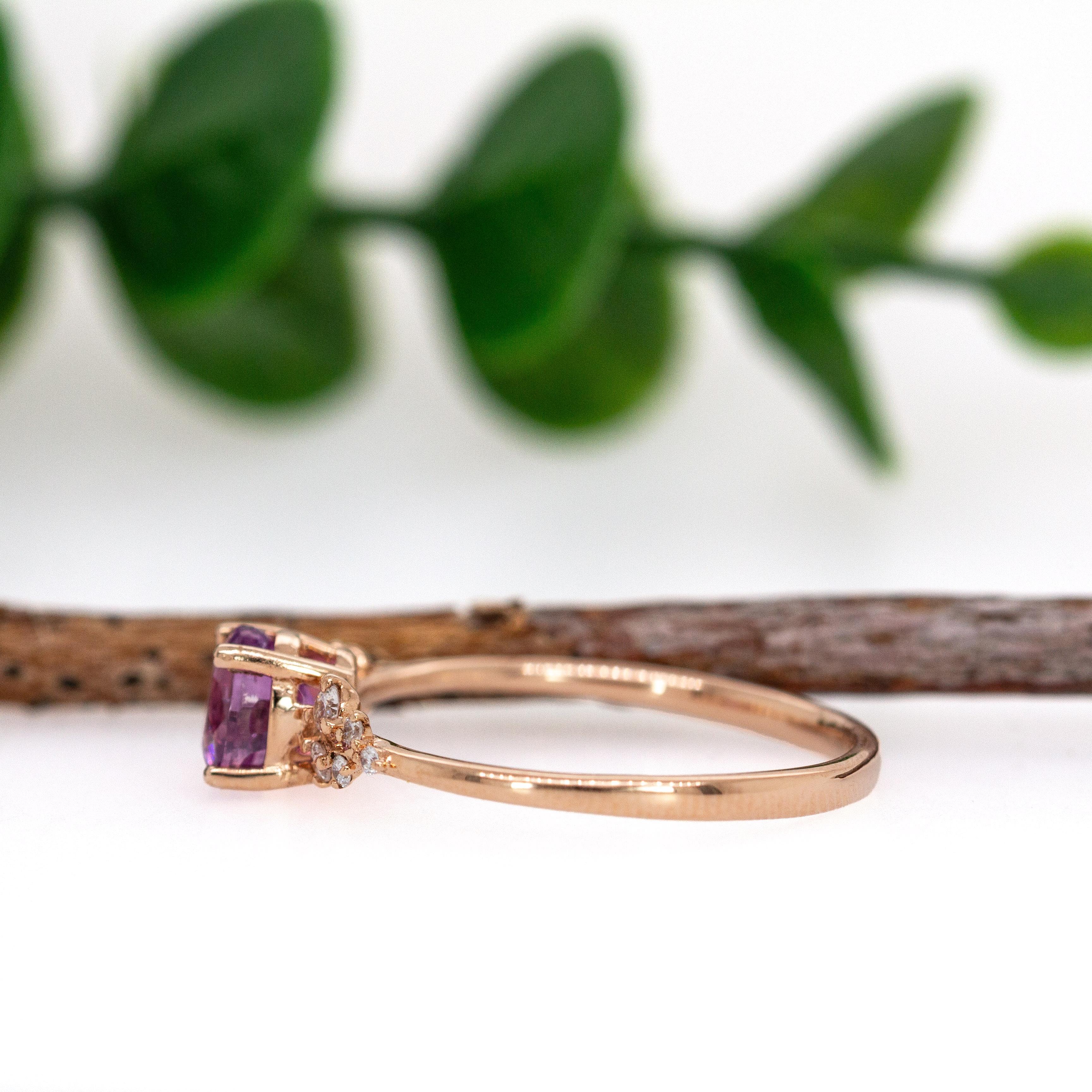 Bague en or rose massif 14K avec saphir violet et diamants minés par la terre  OV 6x4mm Pour femmes en vente