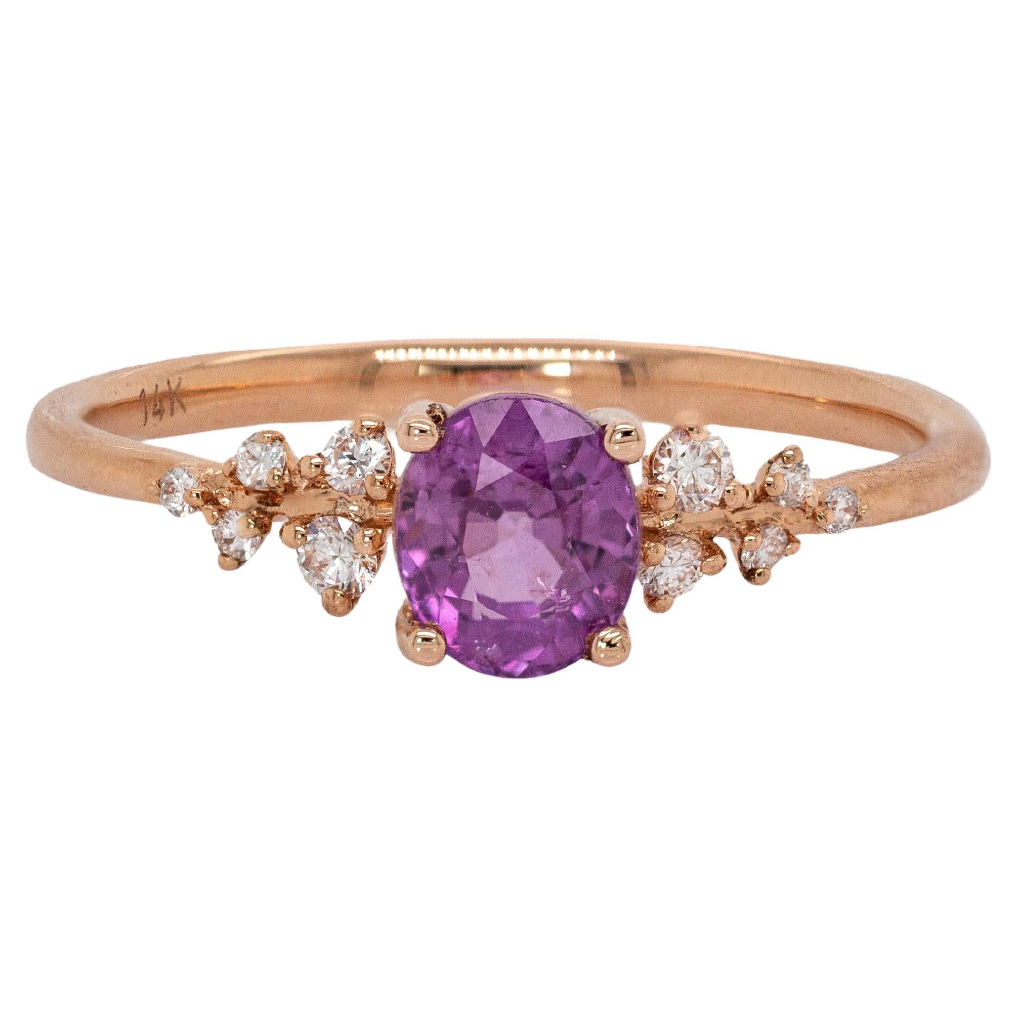 Bague en or rose massif 14K avec saphir violet et diamants minés par la terre  OV 6x4mm en vente