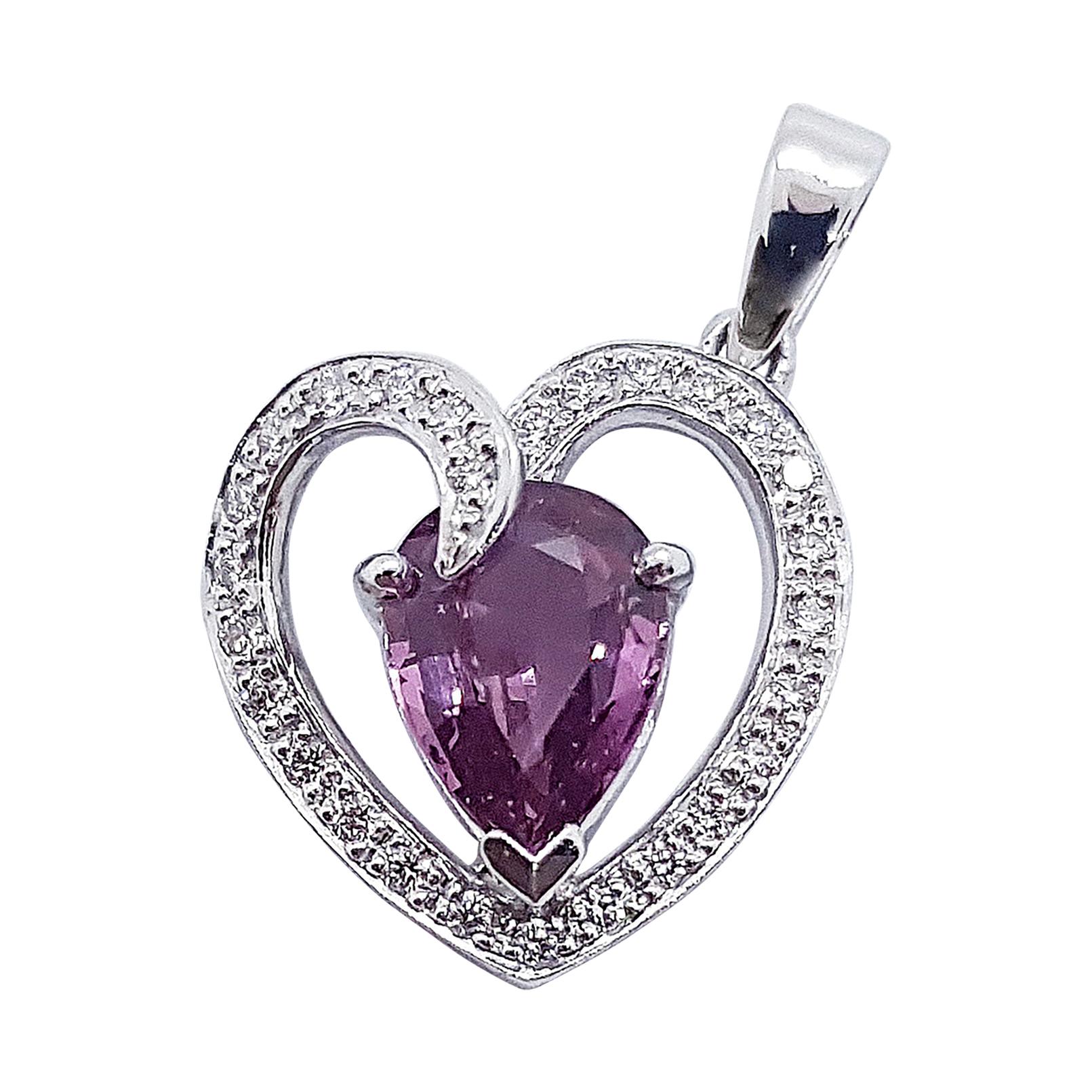 Purple Sapphire with Diamond Heart Pendant Set in 18 Karat White Gold Settings For Sale