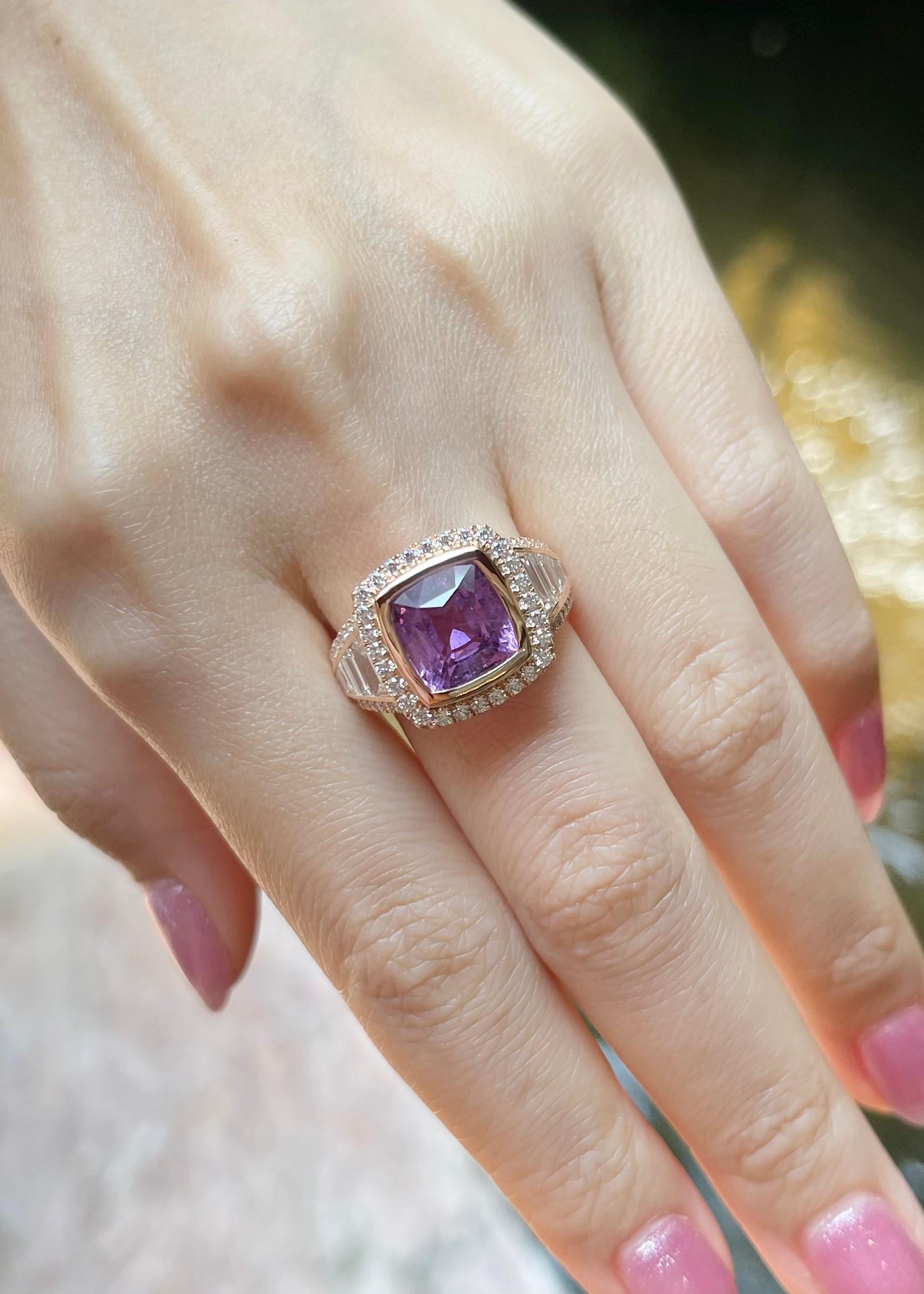 Cushion Cut GIA Certified Unheated Purple Sapphire with Diamond Ring set in 18K Rose Gold For Sale