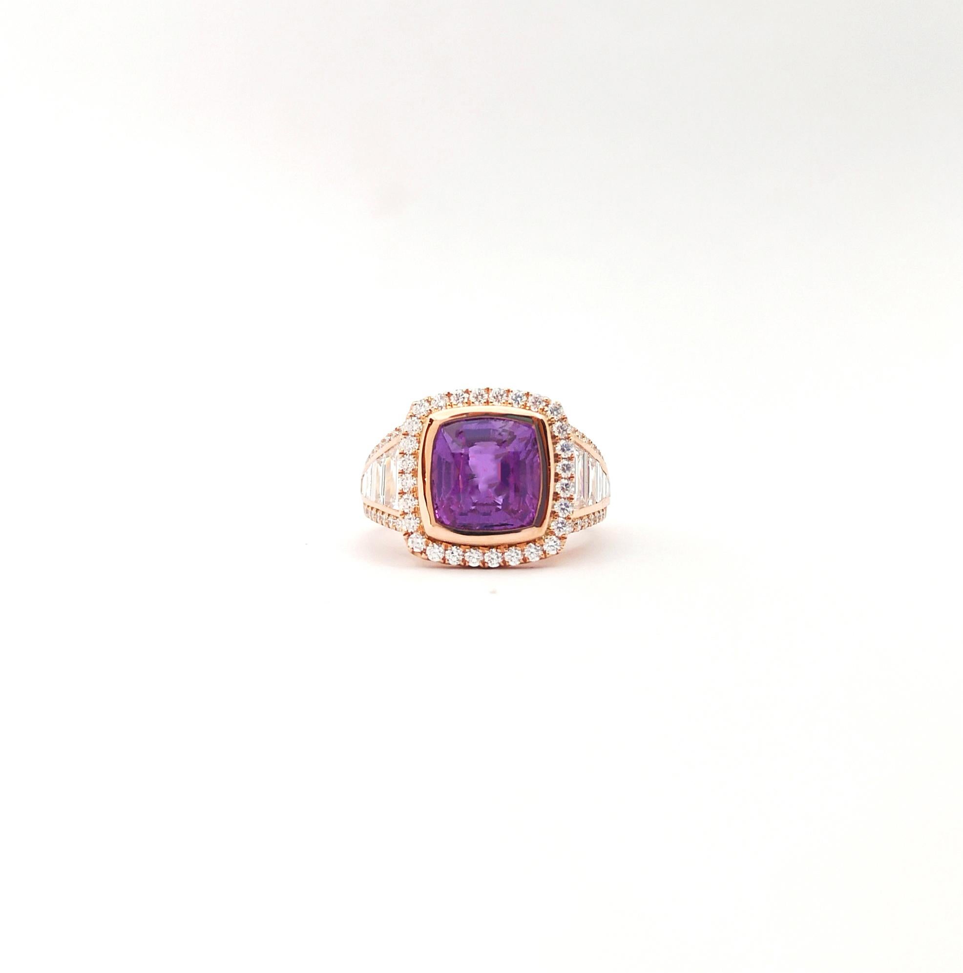 GIA Certified Unheated Purple Sapphire with Diamond Ring set in 18K Rose Gold For Sale 1