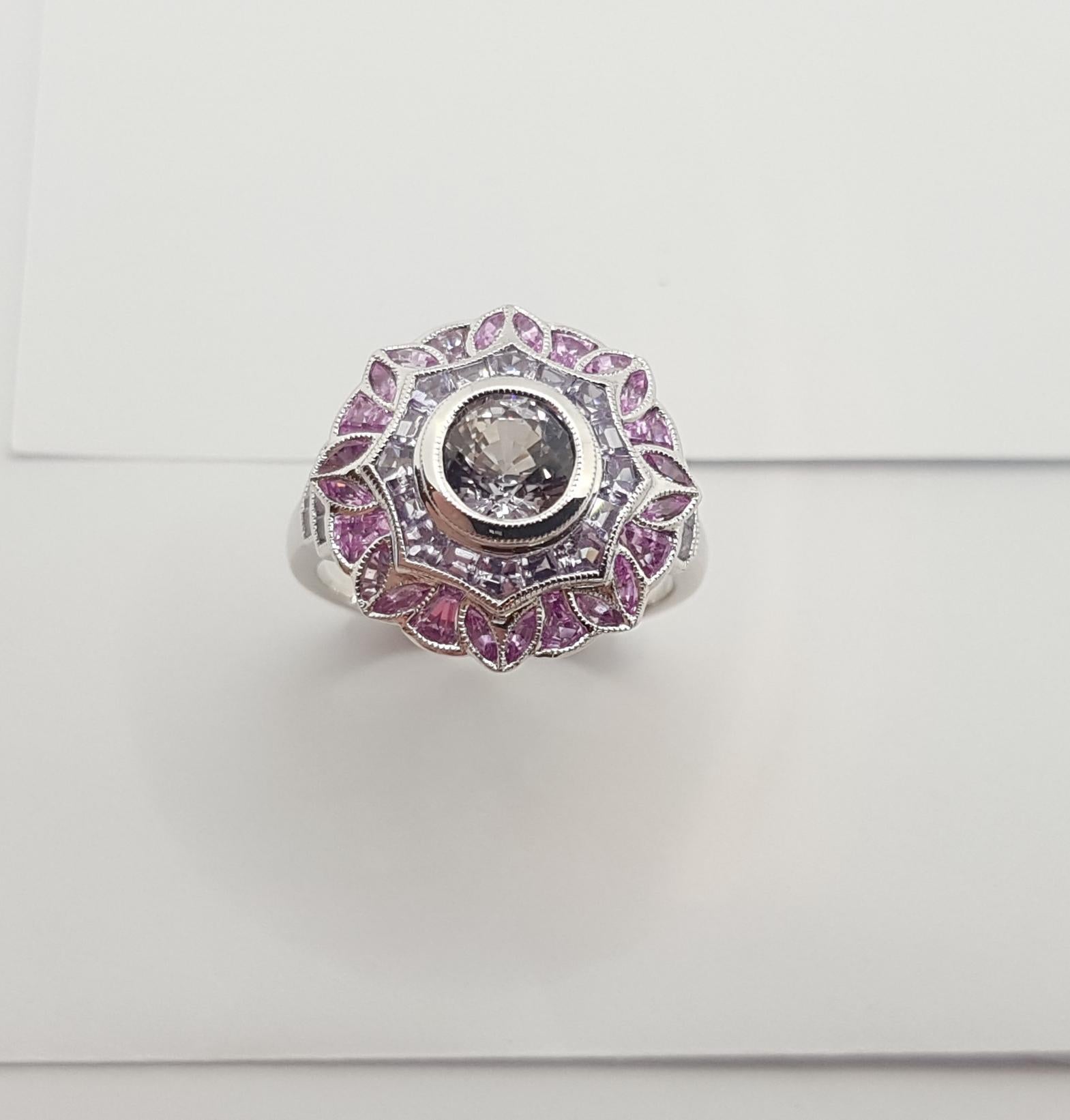 Purple Sapphire with Pink Sapphire Ring Set in 18 Karat White Gold Settings For Sale 10