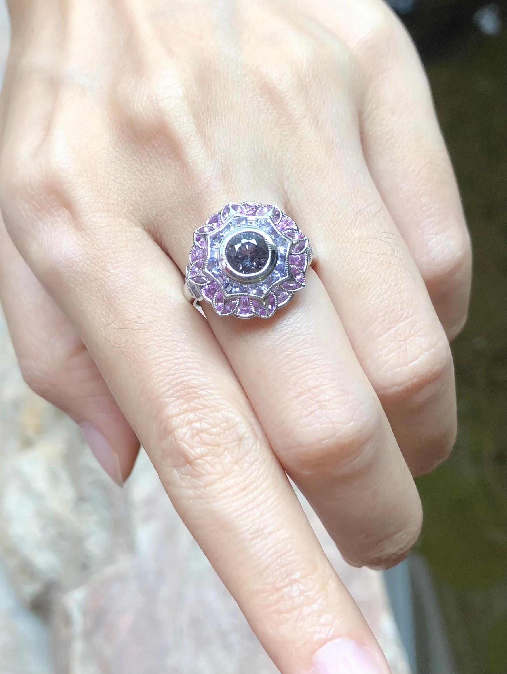 Purple Sapphire with Pink Sapphire Ring Set in 18 Karat White Gold Settings For Sale 2