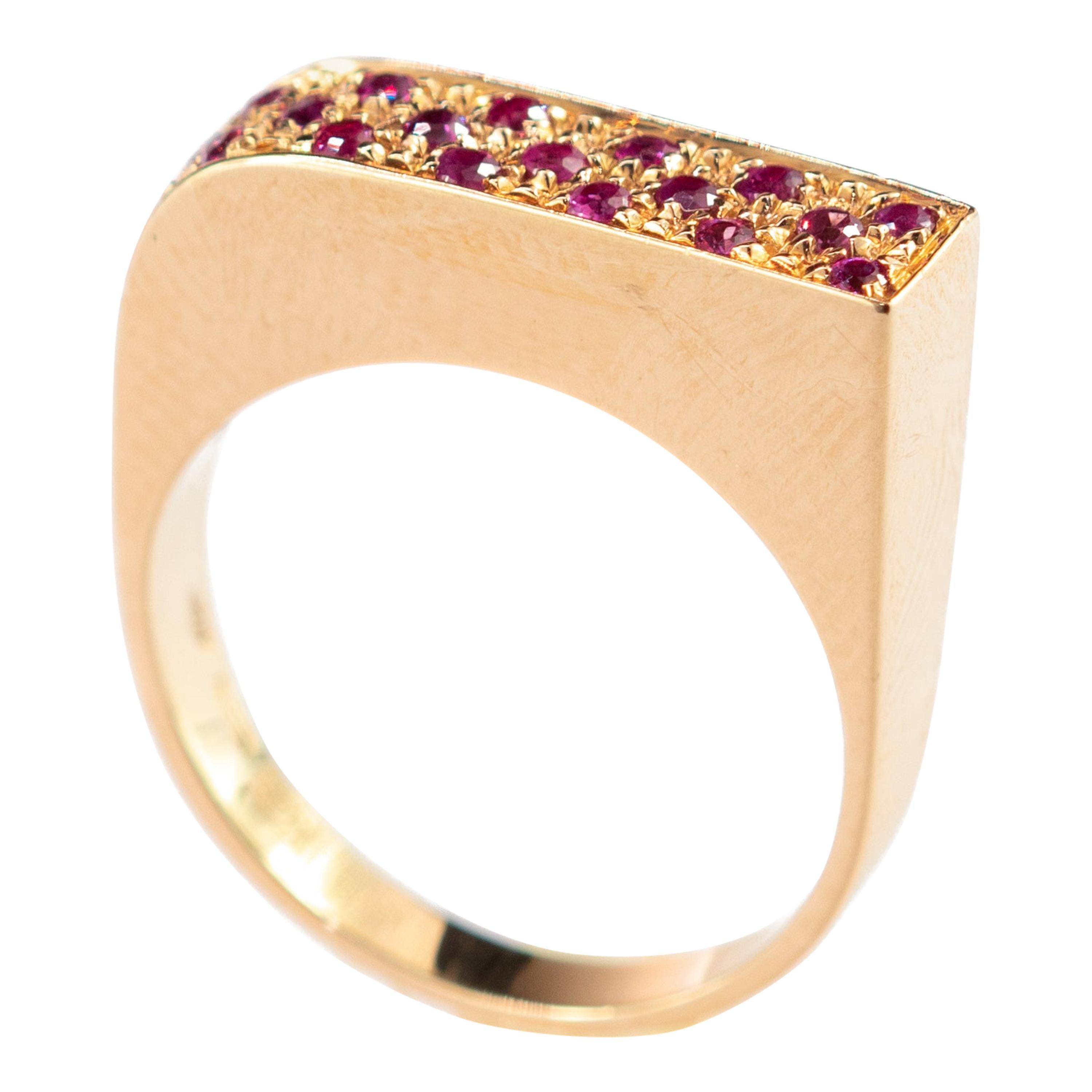 Purple Sapphire 18 Karat Yellow Gold Band Square Handmade Abstract Cocktail Ring For Sale