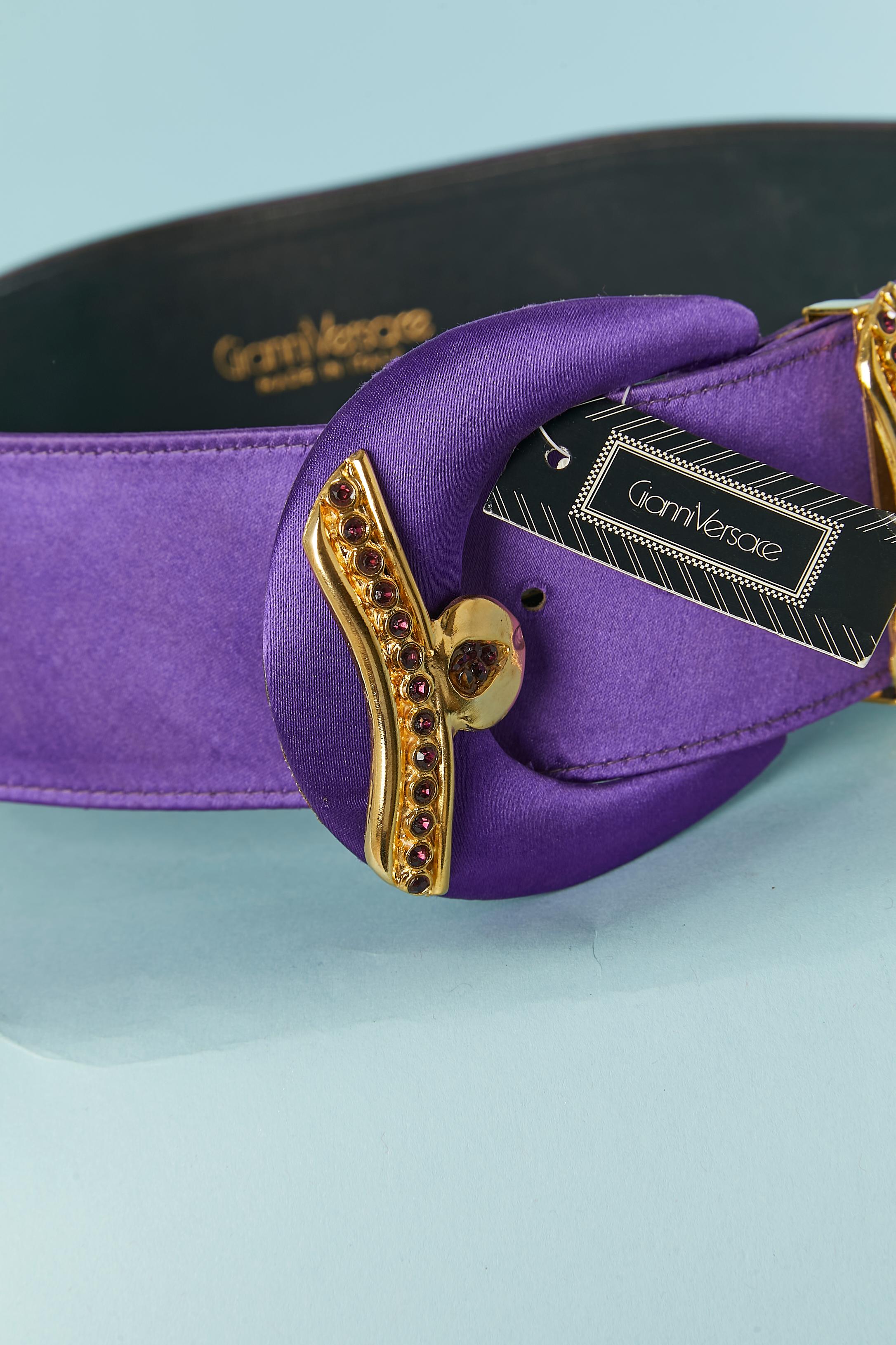 Black Purple satin belt with gold metal belt-lop and red rhinestone Gianni Versace NEW For Sale
