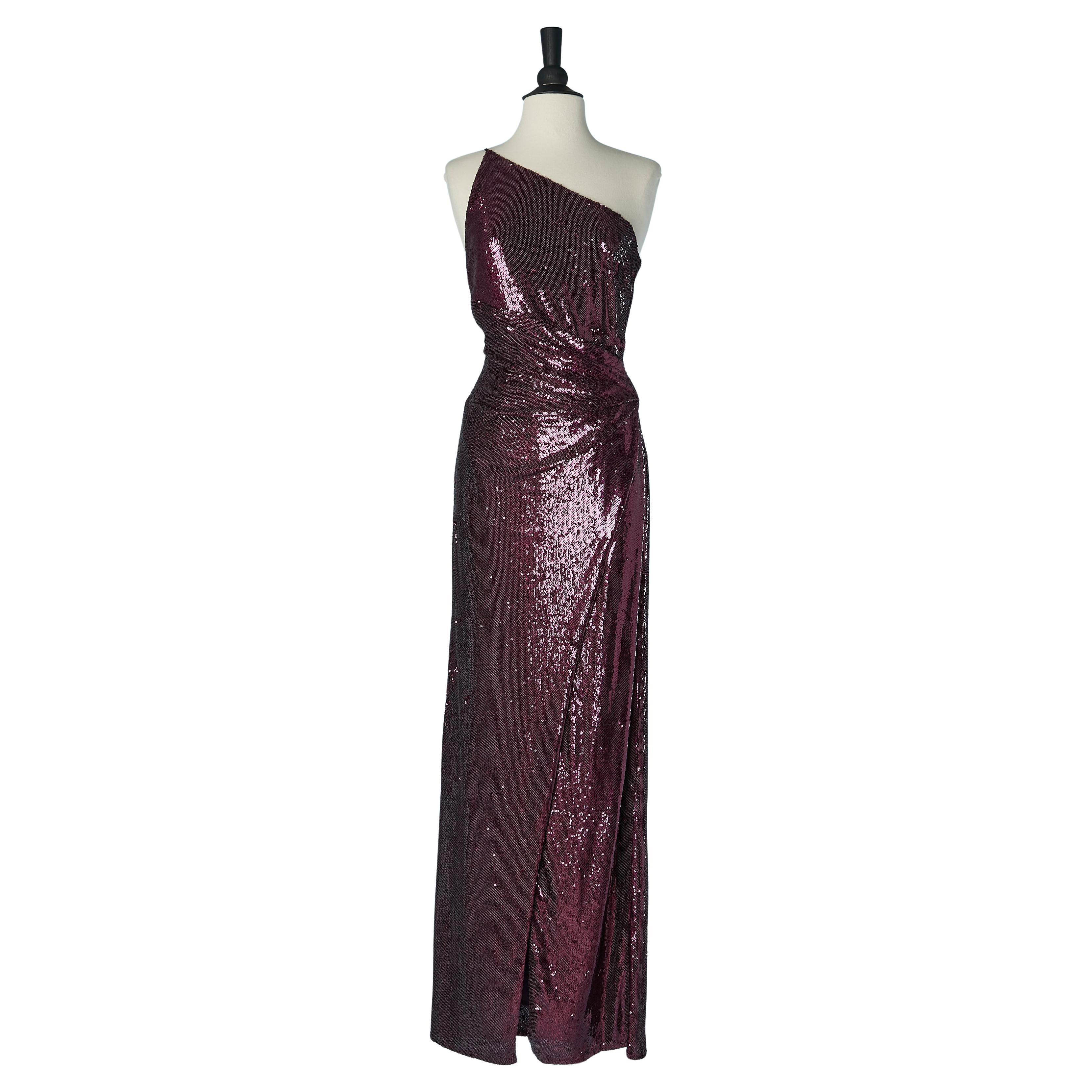 HALSTON Robe de soirée asymétrique à paillettes violettes