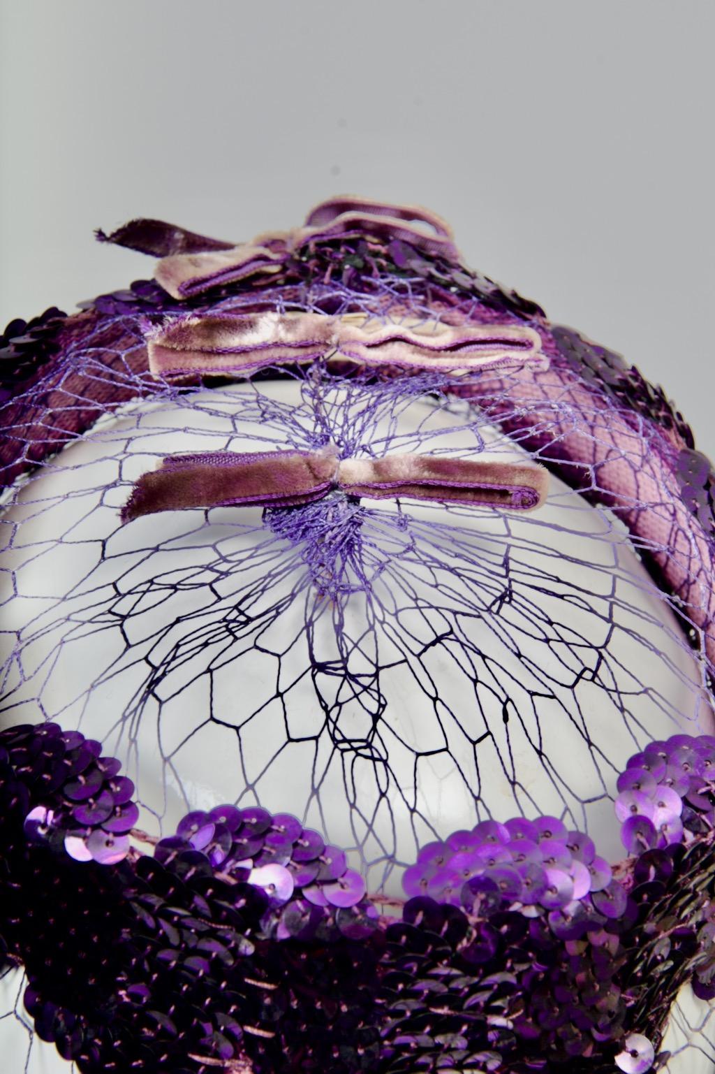 Purple Sequin Headpiece with Veil In Good Condition For Sale In Alford, MA