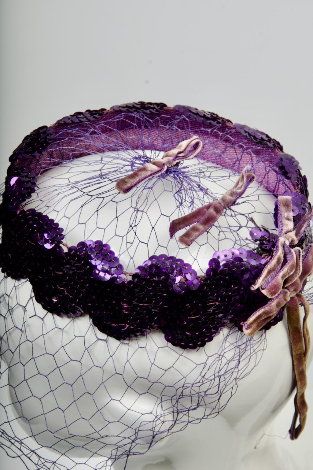 Purple Sequin Headpiece with Veil For Sale 1