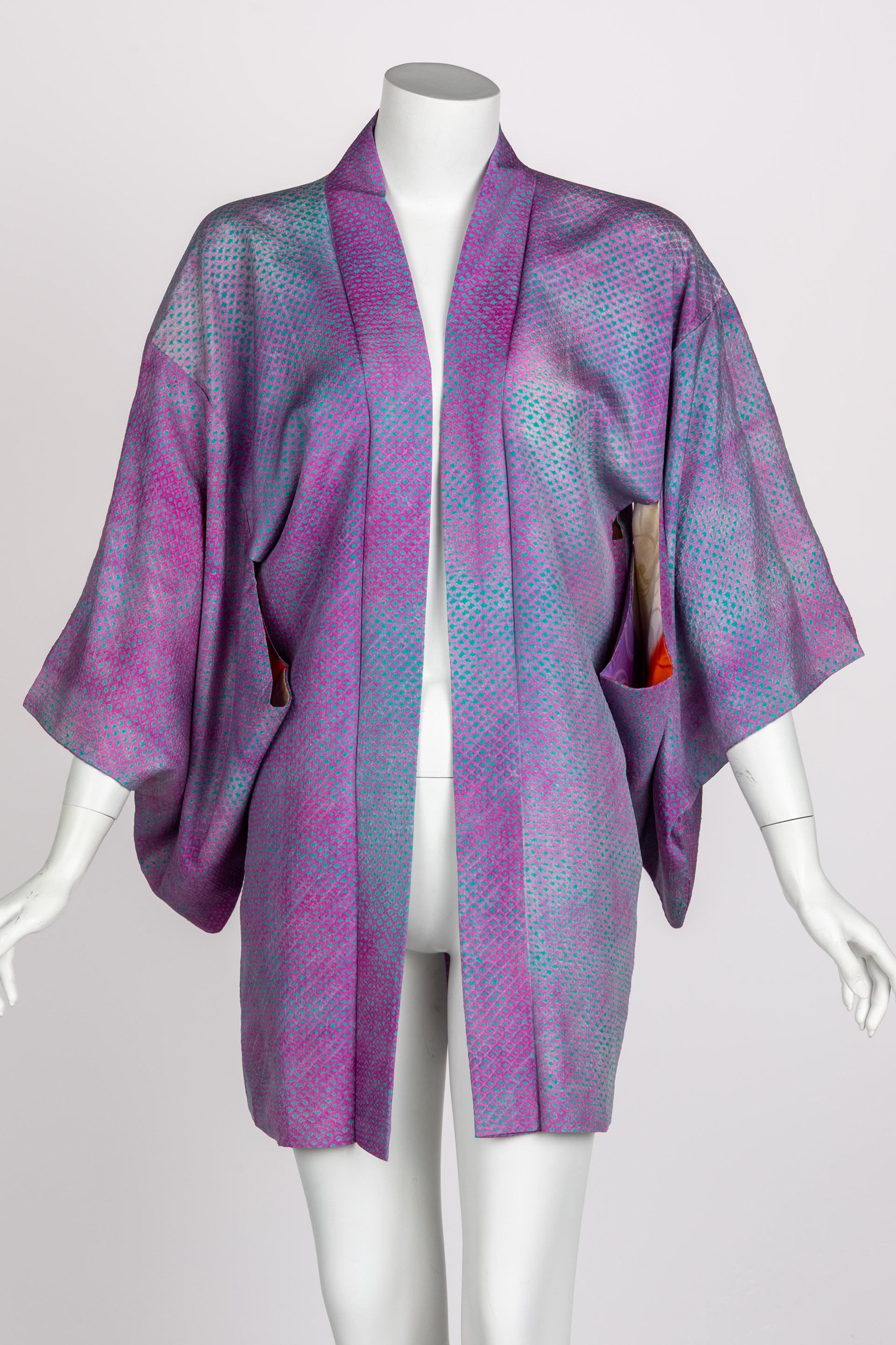 Gray  Purple Shibori Striped Silk Kimono Jacket 1970s