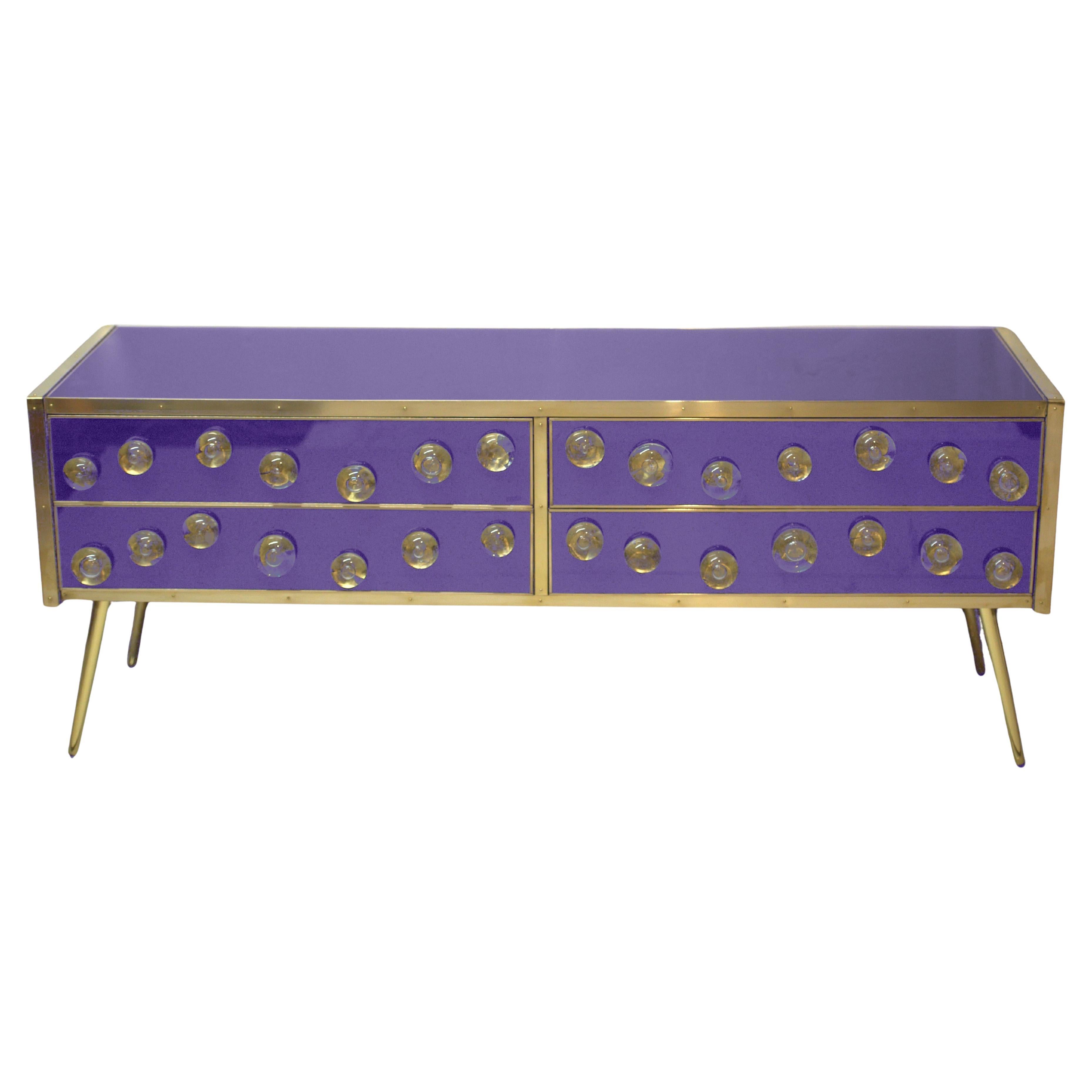 Buffet violet en verre de Murano, 28 joyaux sphériques en or et garniture en laiton