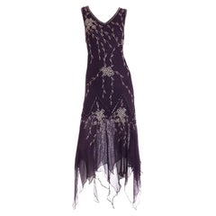 Purple Silk 1990s Vintage Beaded Evening Dress w Beads & Sequins Size 12/14