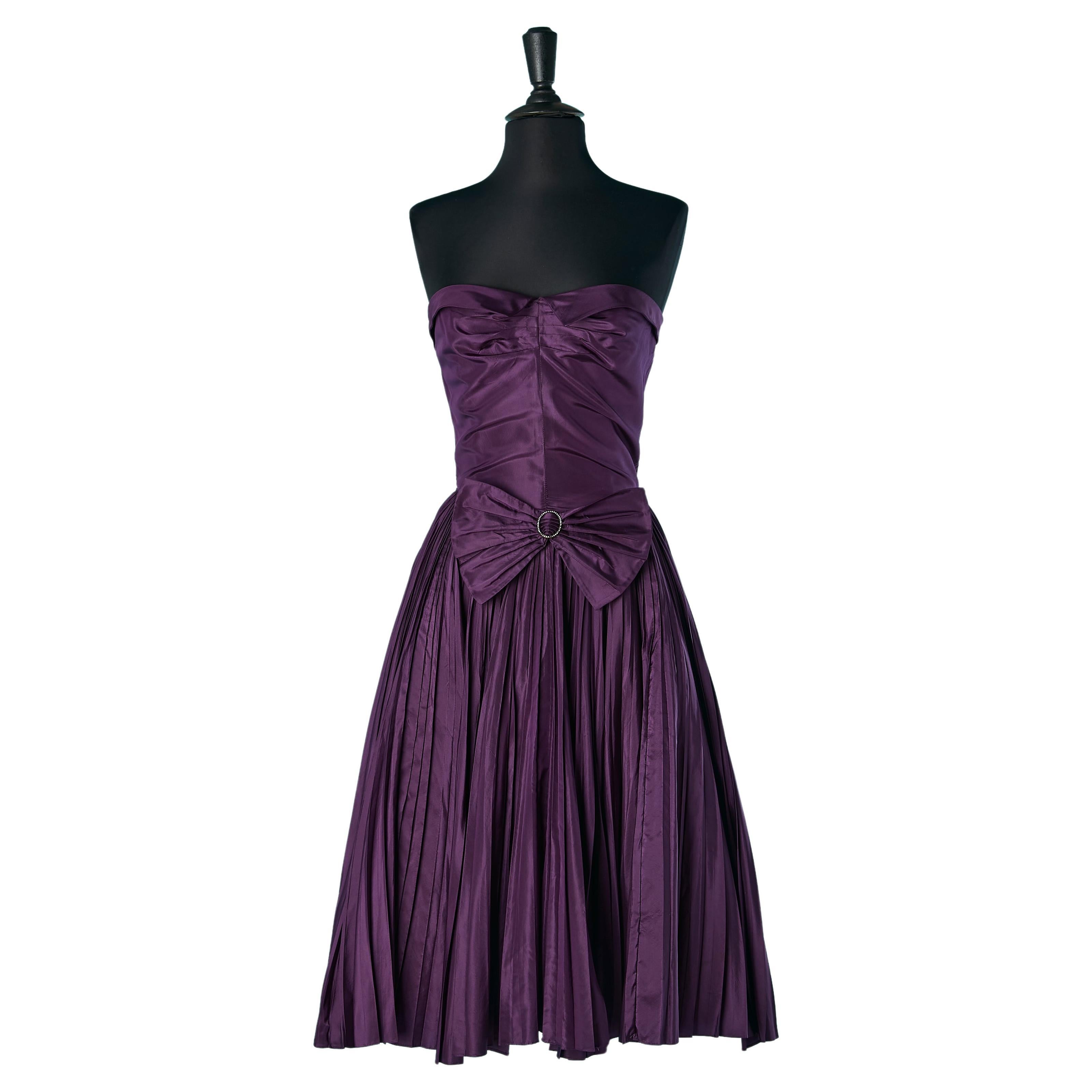 Purple silk bustier cocktail dress with pleated skirt Nina Ricci Haute-Boutique  For Sale