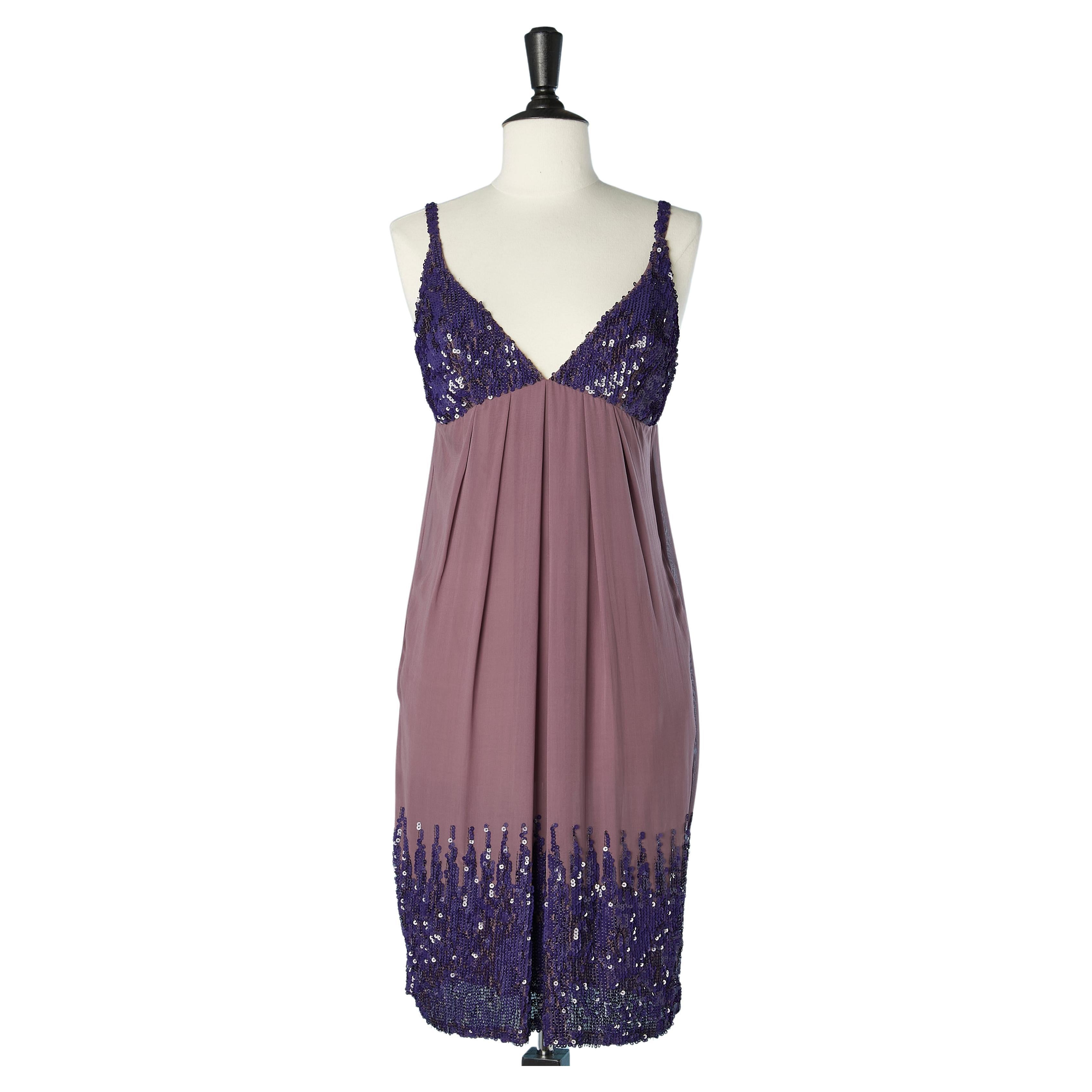 Purple silk chiffon cocktail dress with purple sequin embroideries Gai Mattiolo  For Sale