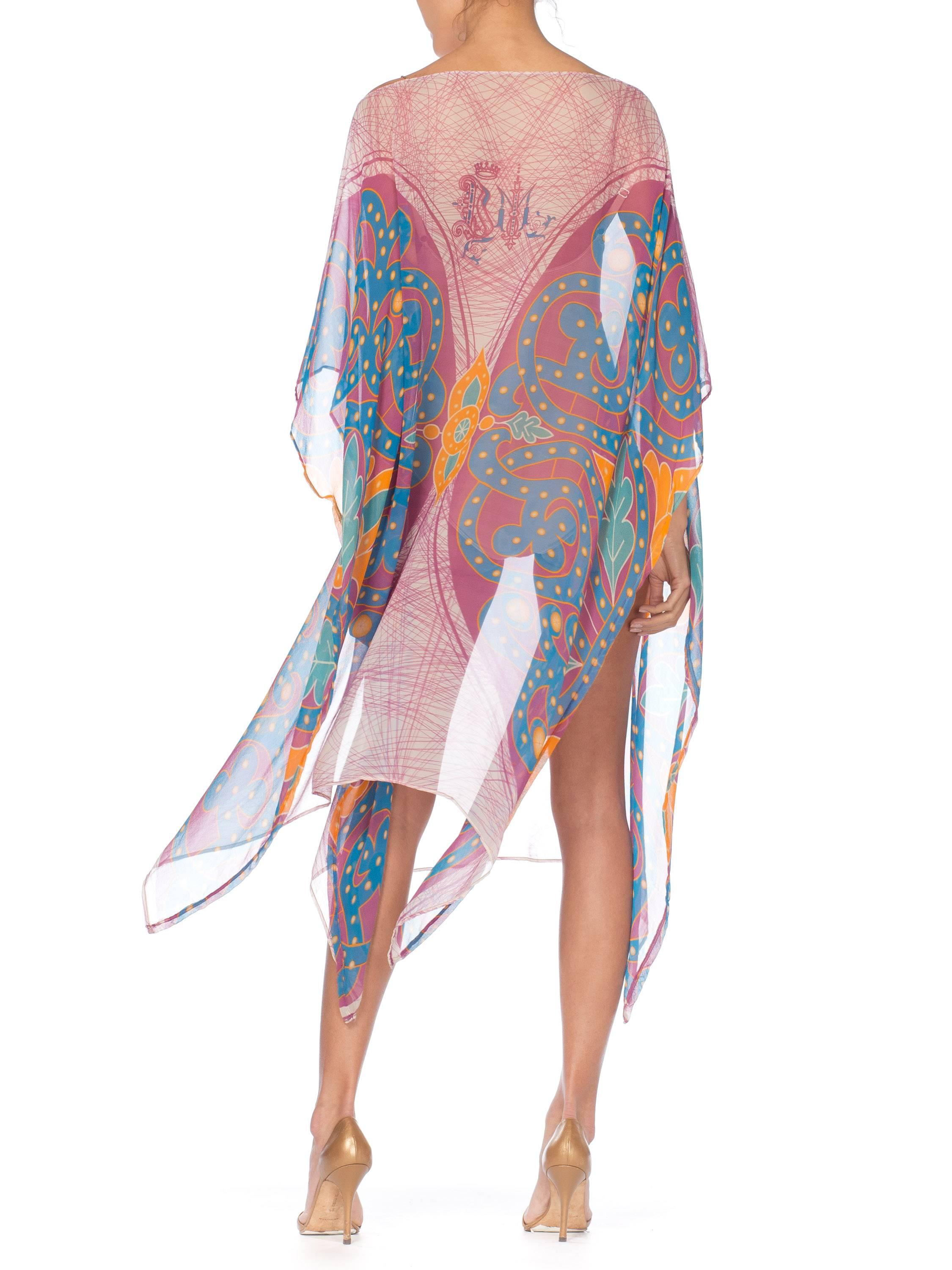 MORPHEW COLLECTION Pink  & Orange Silk Chiffon Butterfly Print Kaftan With Scar For Sale 2