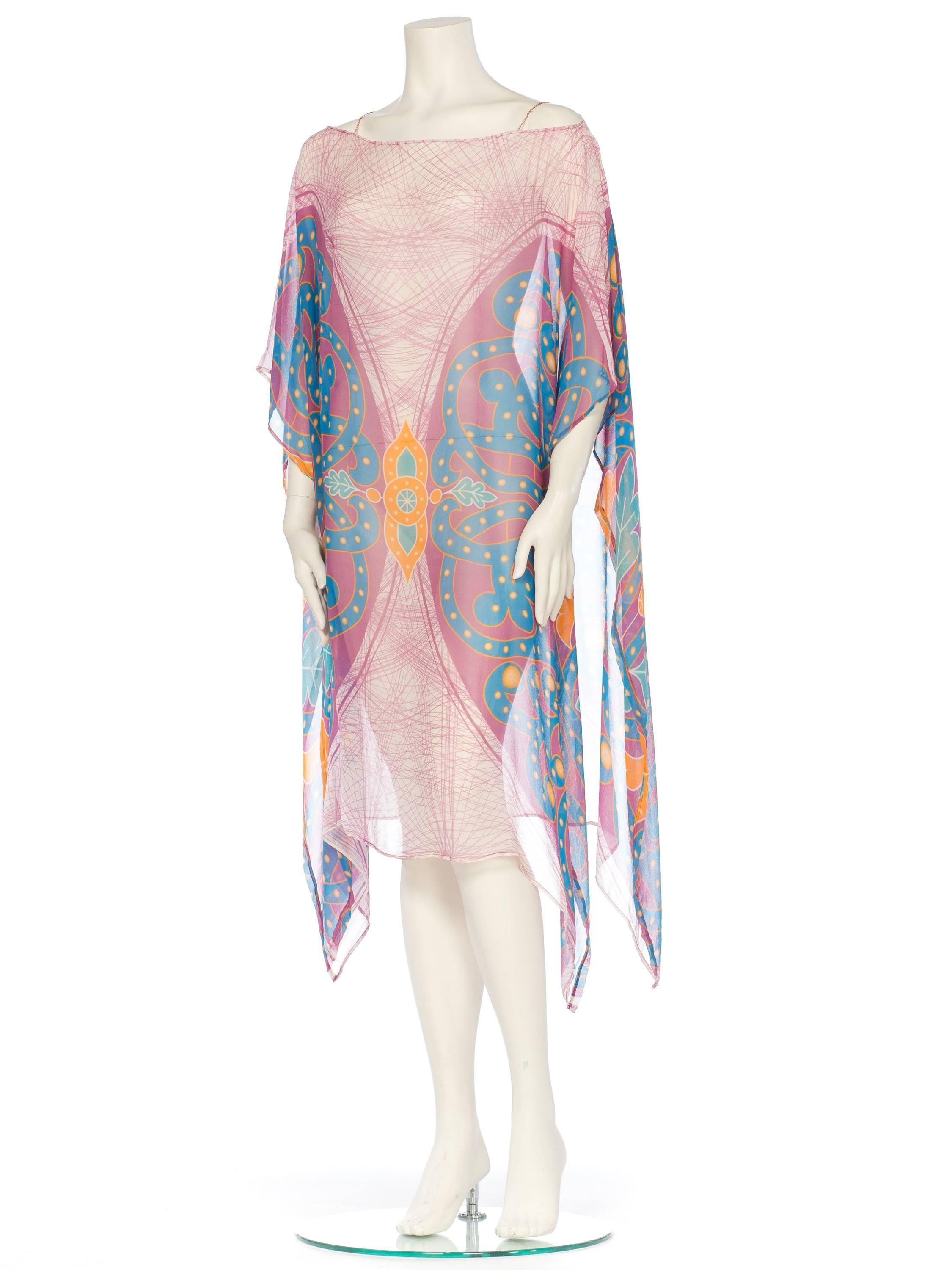 MORPHEW COLLECTION Pink  & Orange Silk Chiffon Butterfly Print Kaftan With Scar For Sale 3