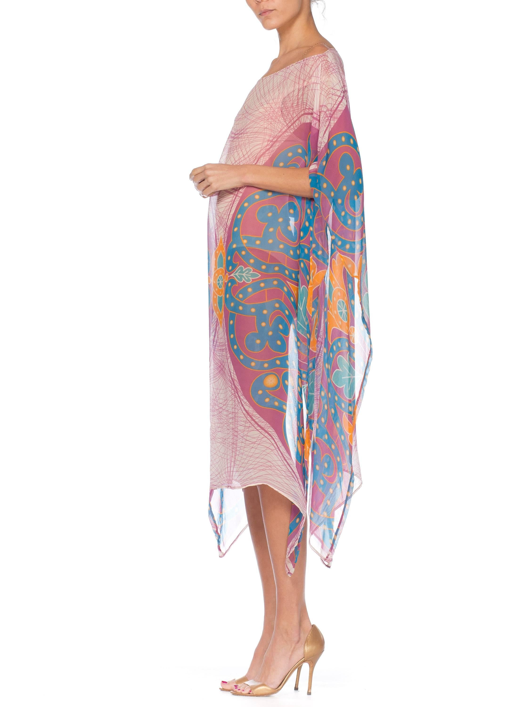 MORPHEW COLLECTION Pink  & Orange Silk Chiffon Butterfly Print Kaftan With Scar For Sale 1