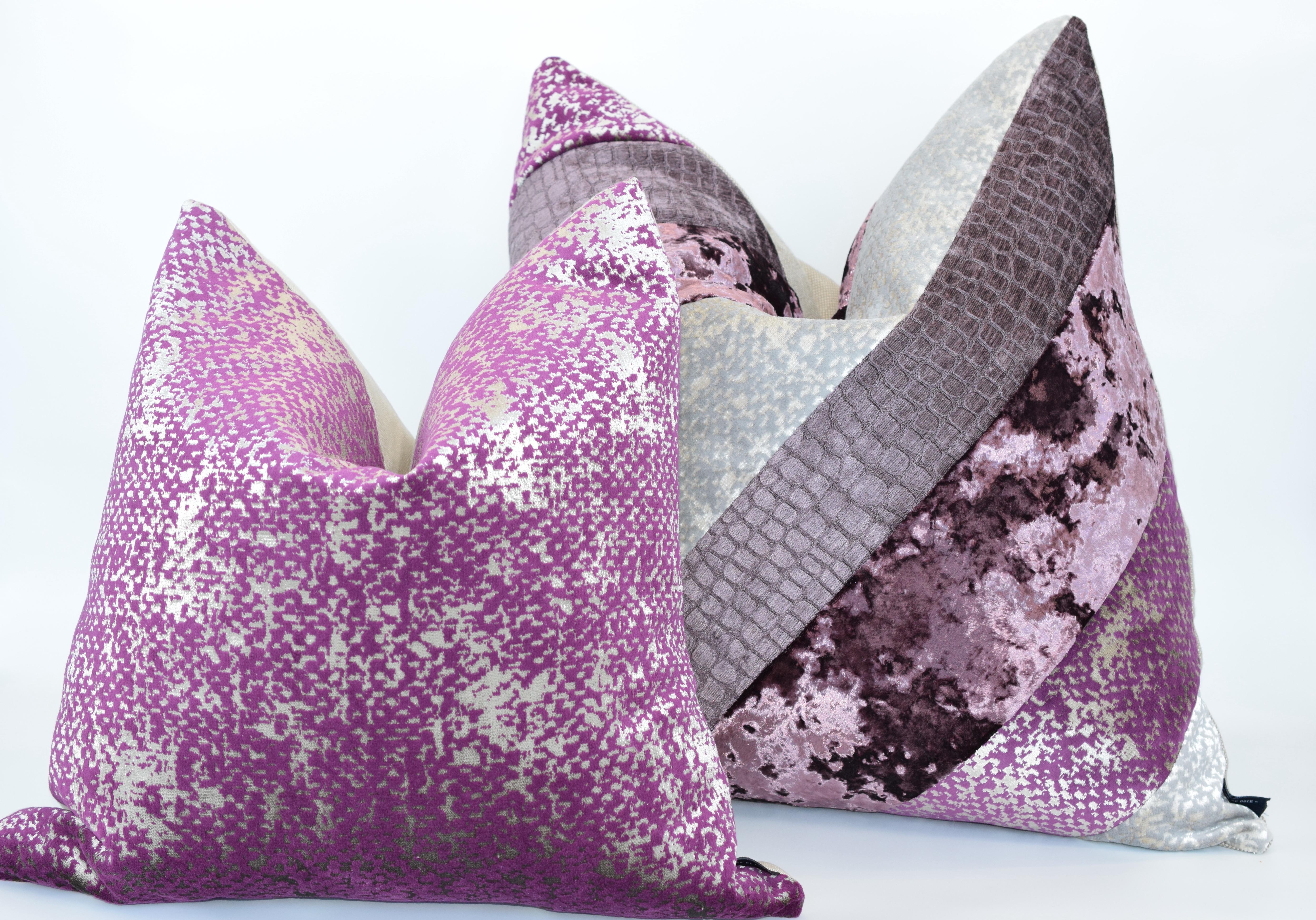 Indulge in the opulent elegance of Purple Coral pillow, with delicate silver accents. 
The front, crafted from lush velvet, beckons to be touched, inviting you to experience its sumptuousness. Inspired by the mesmerizing hues and intricate patterns