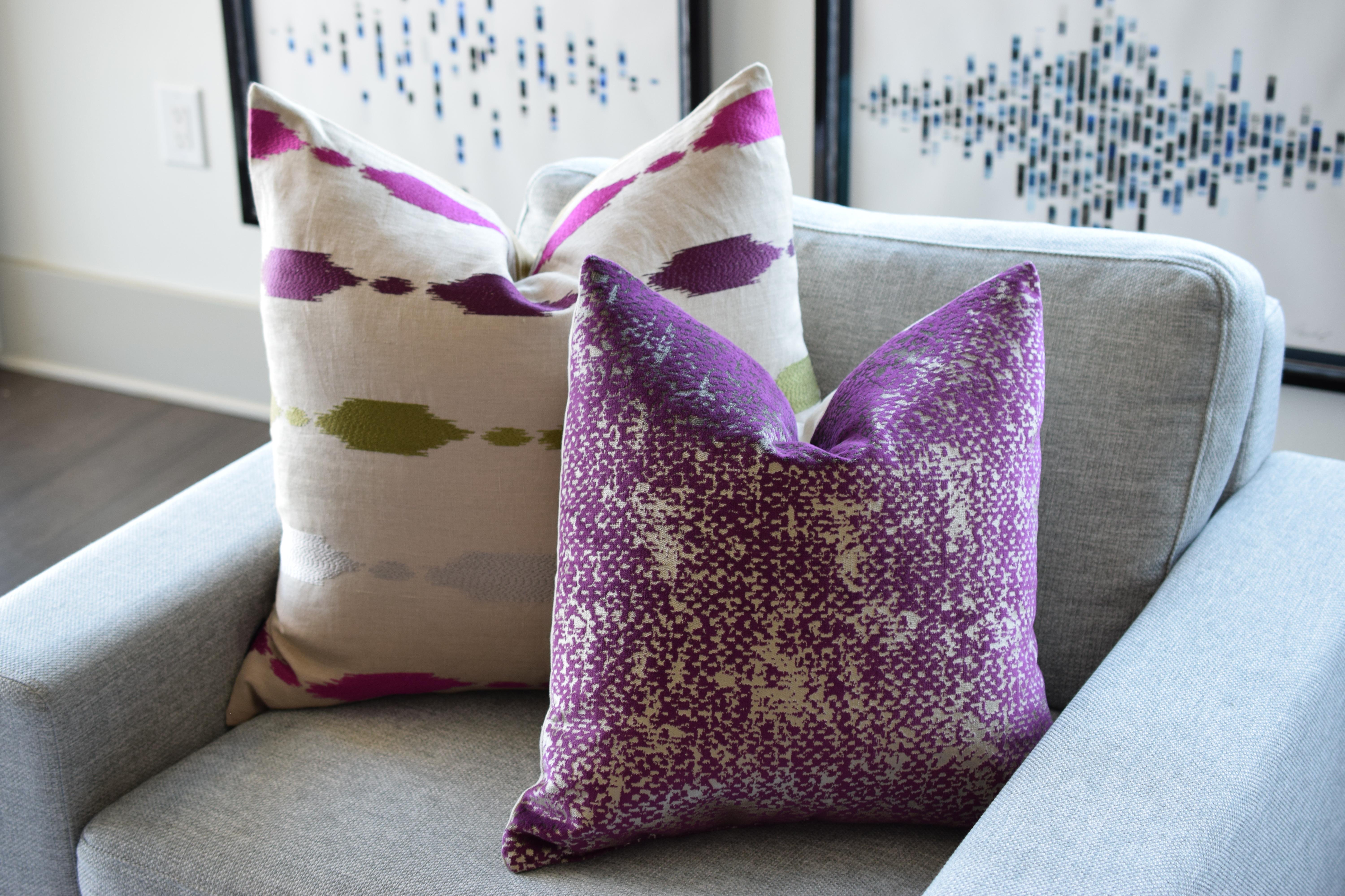 Modern Purple & Silver throw pillow in imported velvets- Purple Corals- by Mar de Doce For Sale