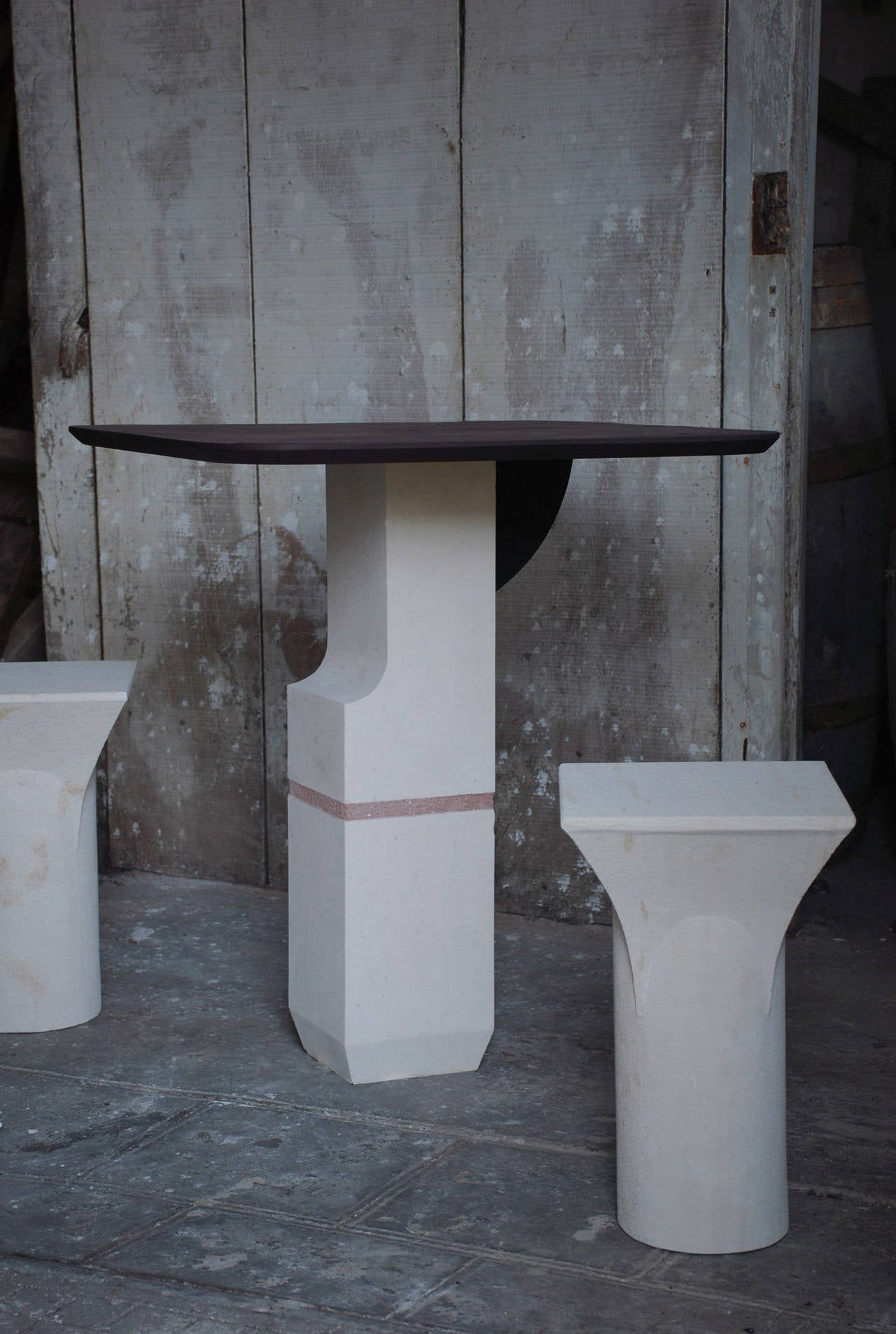French Purple Slate Ravissant Table and Stools, Frederic Saulou