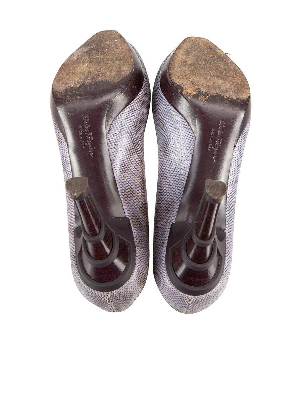 Women's Salvatore Ferragamo Purple Snakeskin Animal Print Peep Toe Heels Size US 7.5 For Sale