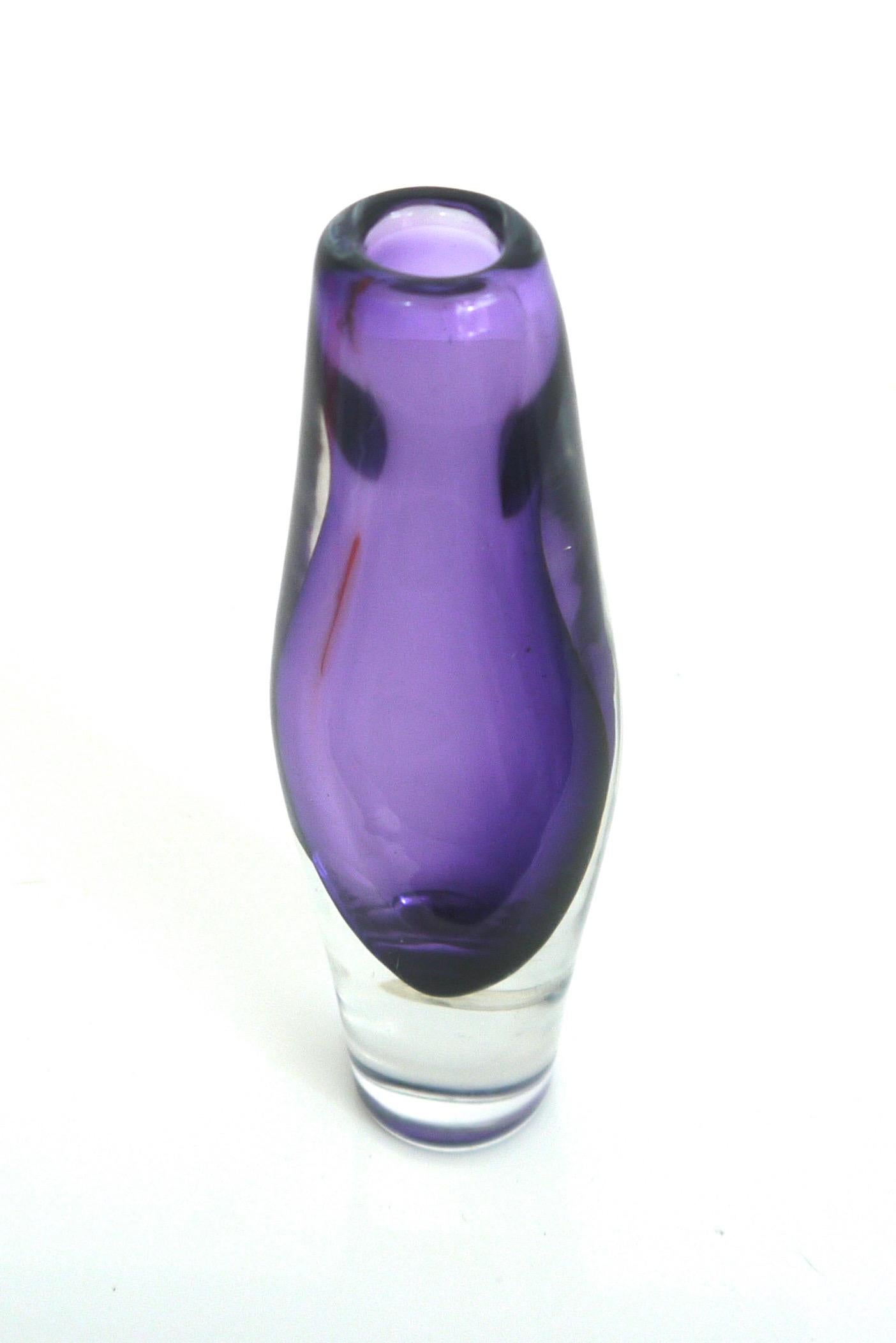Purple Sommerso vase by Josef Schott for Smallandshyttan Design 

Color purple
Measures: Width 6 cm
Height 20 cm.

 