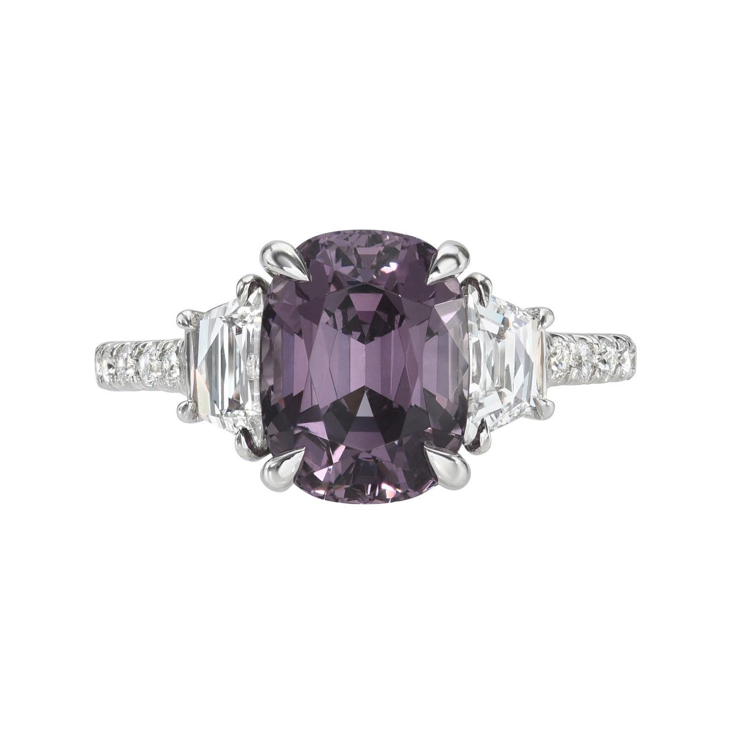 Contemporary Purple Spinel Ring 3.98 Carat Cushion For Sale