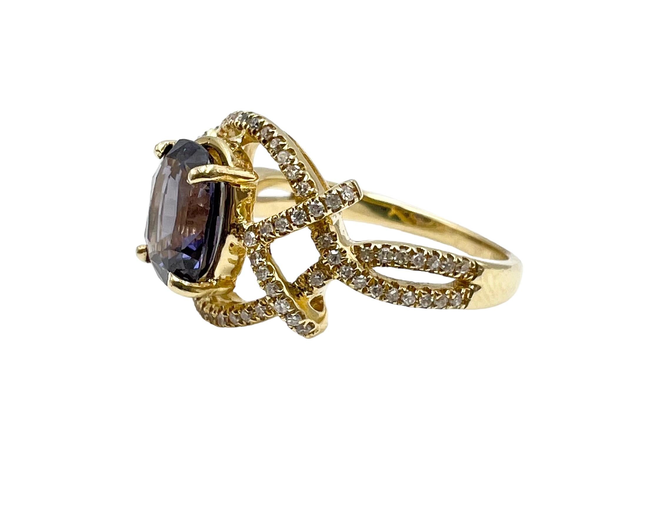 This is a beautiful hand-crafted ring with an elegant purple spinel and 90 hand cut diamonds. These Diamonds are of a SI1-SI2 grade. This ring is perfect for showing off your wonderful style at parties!

Ring Size: 8.25

Cumulative weight of