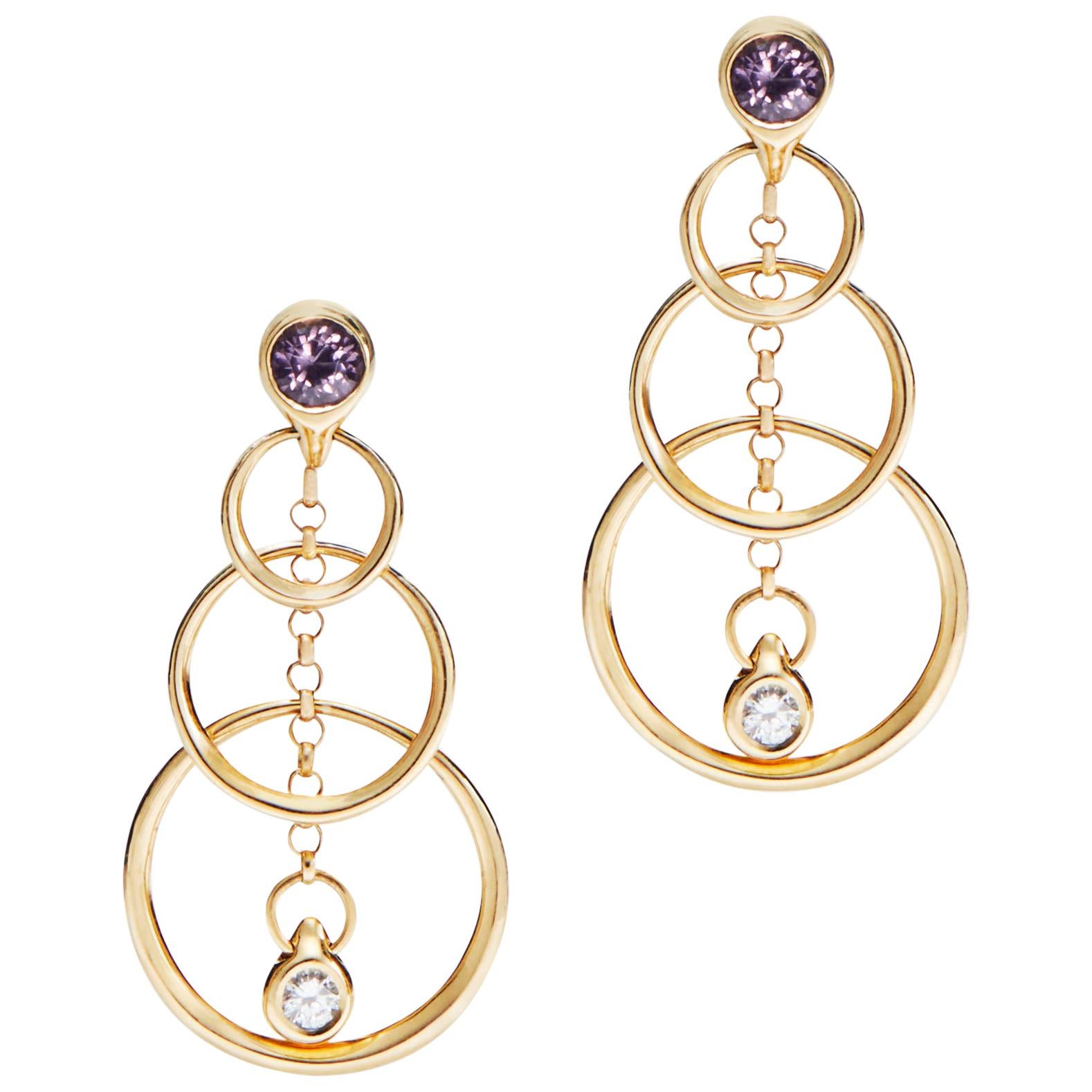 Purple Spinel and Gold Drop Earrings For Sale