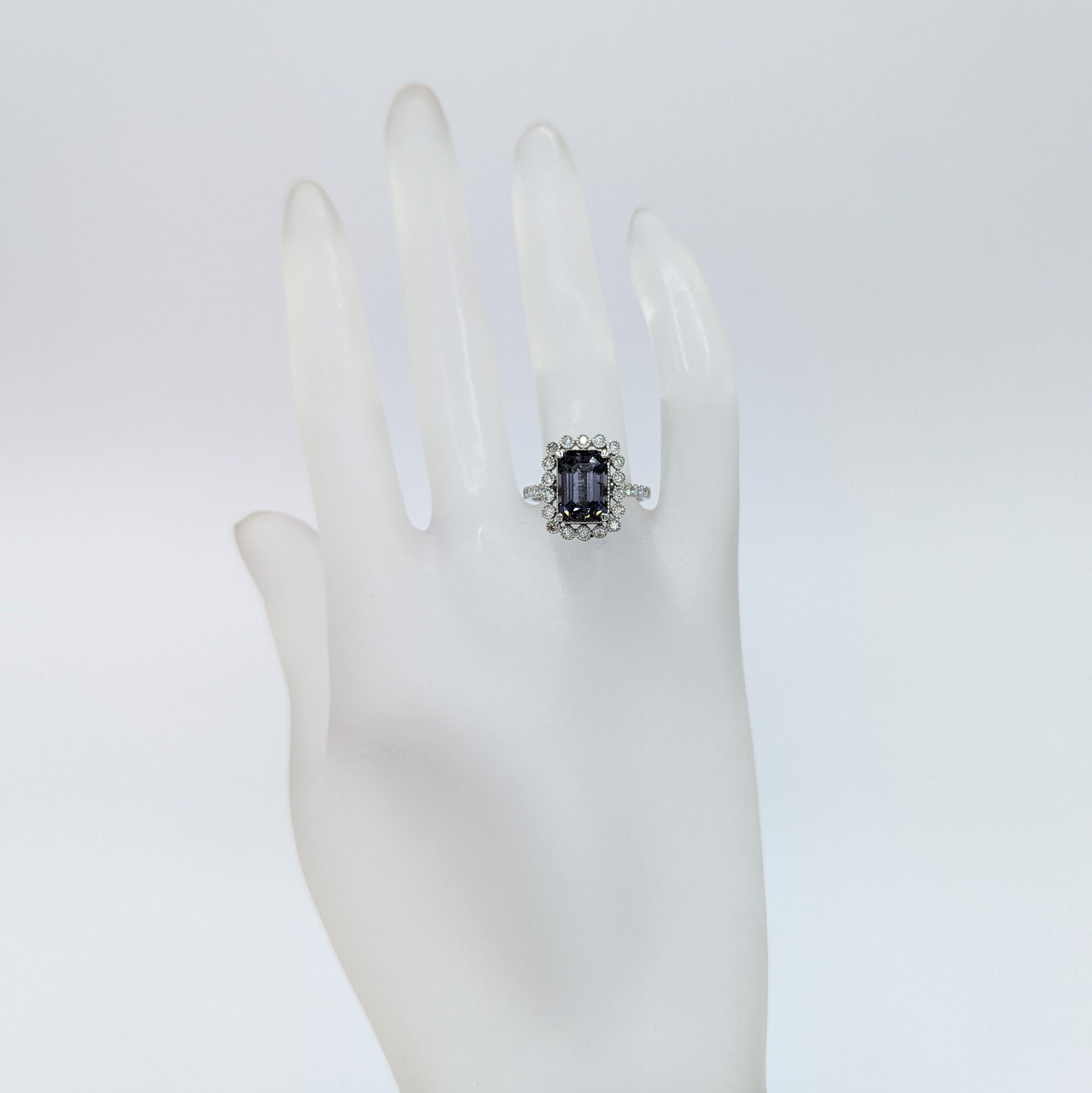 Emerald Cut Purple Spinel and White Diamond Ring in 18K White Gold For Sale