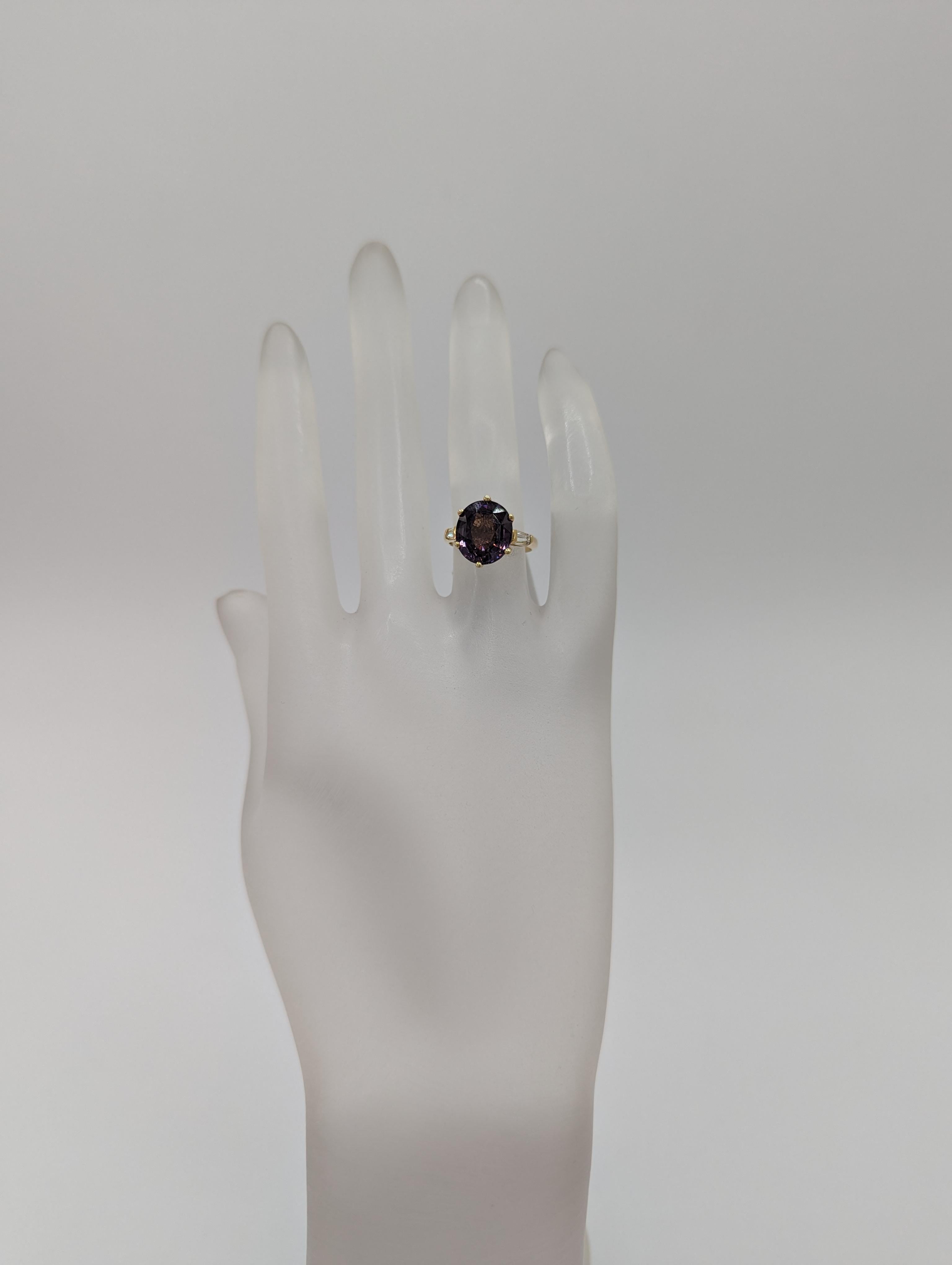 Oval Cut Purple Spinel and White Diamond Three Stone Ring in 14K Yellow Gold For Sale