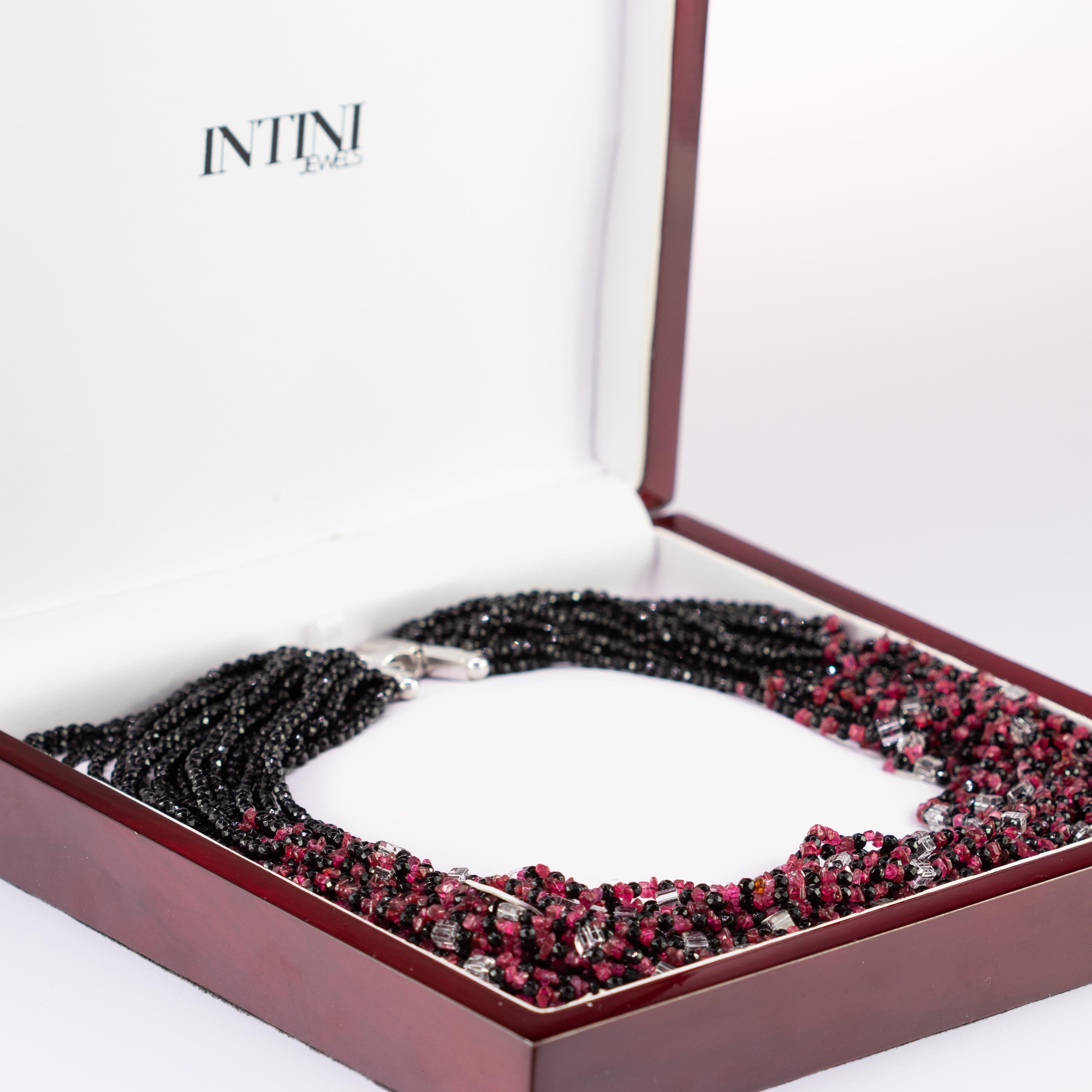 Artisan Purple Spinel Black Agate Rock Crystals Multi Strand Handmade Beaded Necklace