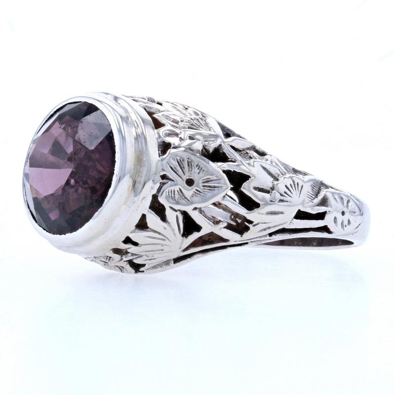 Round Cut Purple Spinel Cocktail Ring, 14k White Gold Womens Water Lilies Filigree 4.66ct For Sale