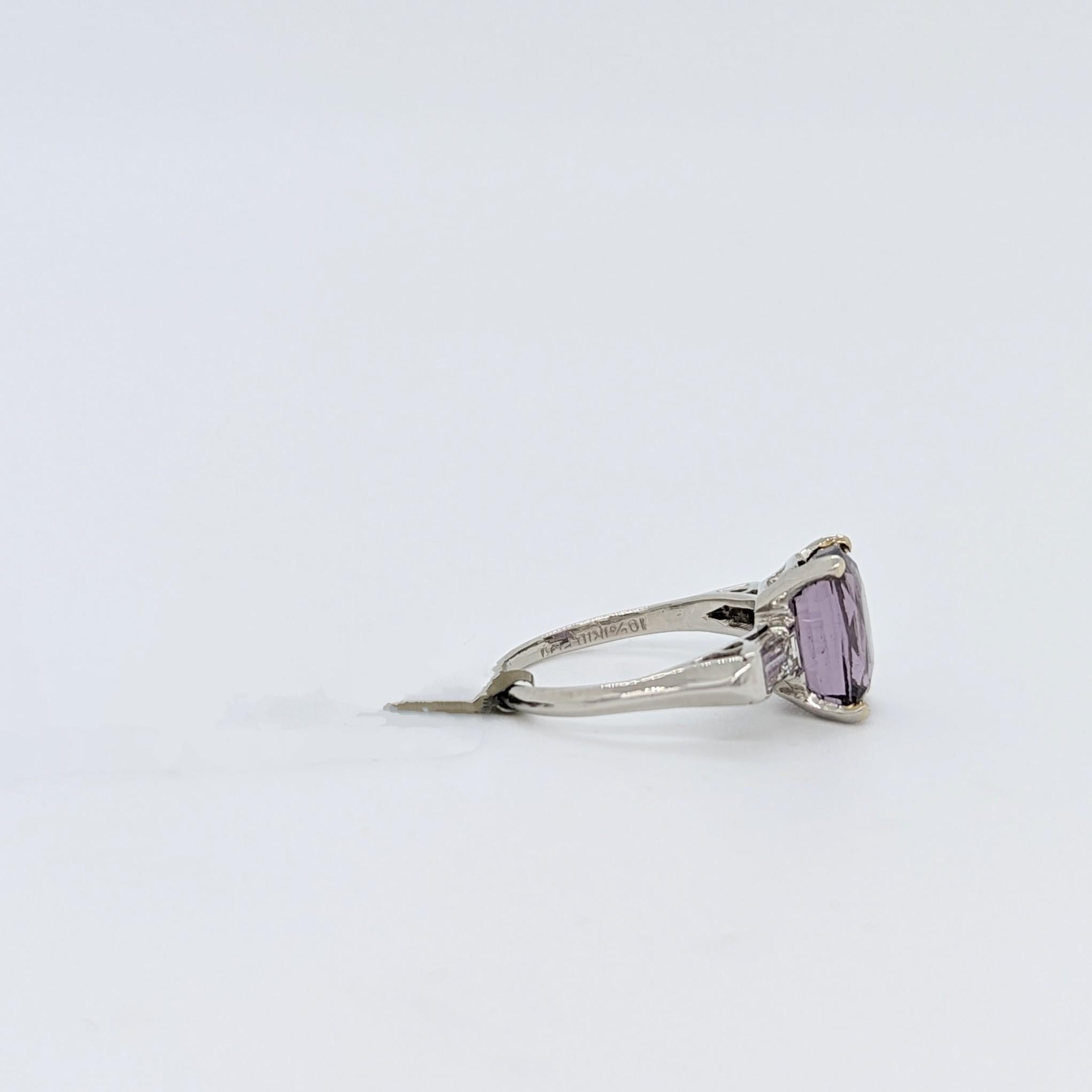 Cushion Cut Purple Spinel Cushion and White Diamond Baguette Three Stone Ring in Platinum For Sale
