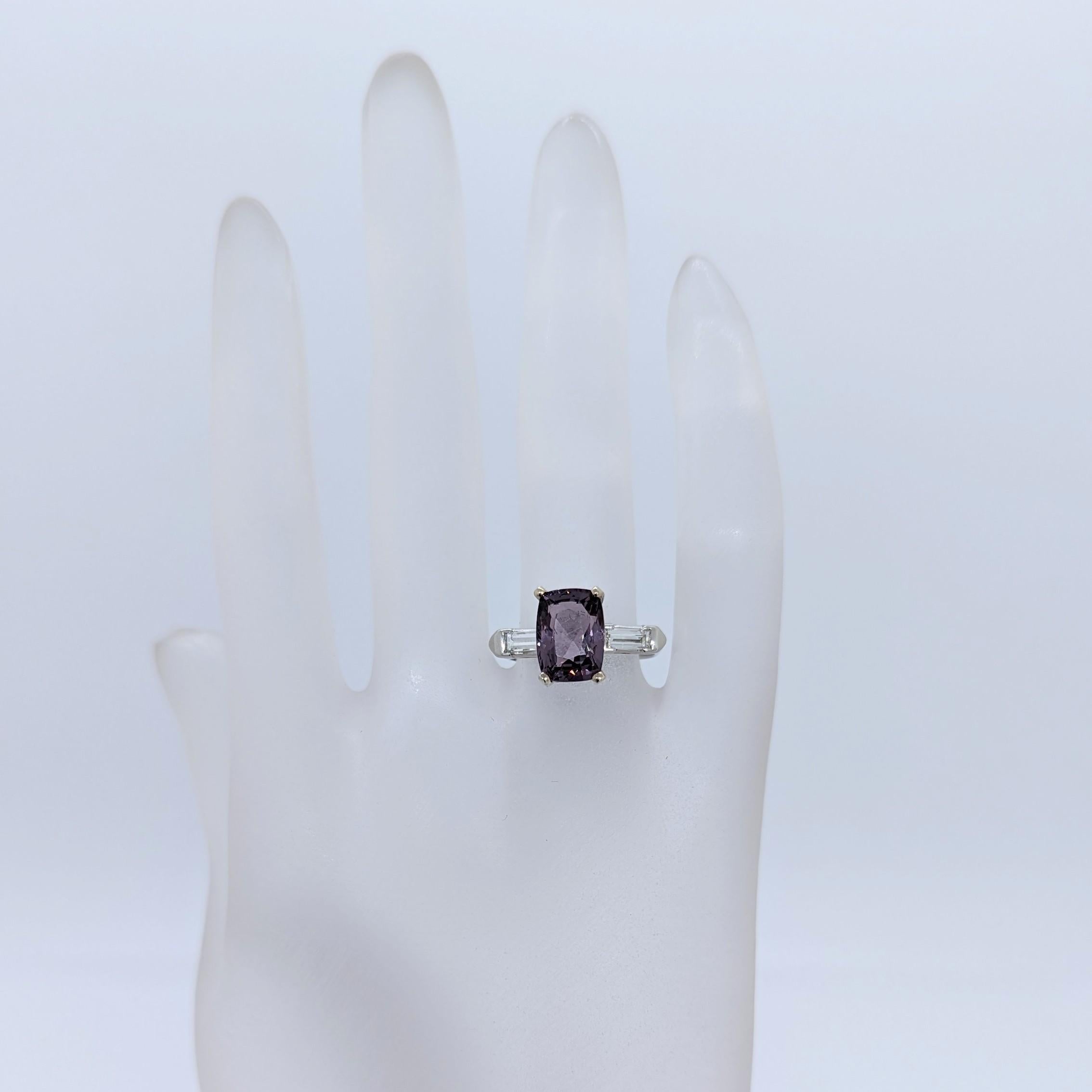 Women's or Men's Purple Spinel Cushion and White Diamond Baguette Three Stone Ring in Platinum For Sale