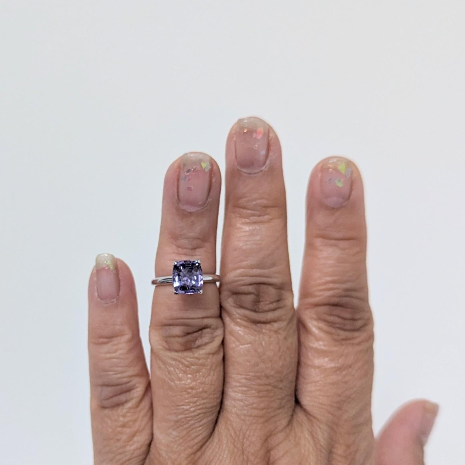 Beautiful 2.64 ct. purple spinel cushion in a handmade 14k white gold mounting.  Ring size 5.25.