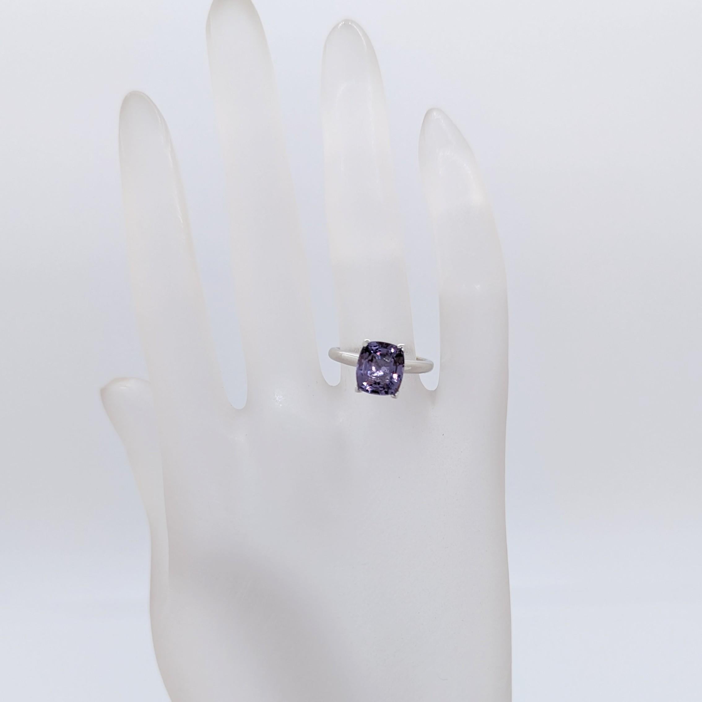 Cushion Cut Purple Spinel Cushion Solitaire Ring in 14K White Gold For Sale