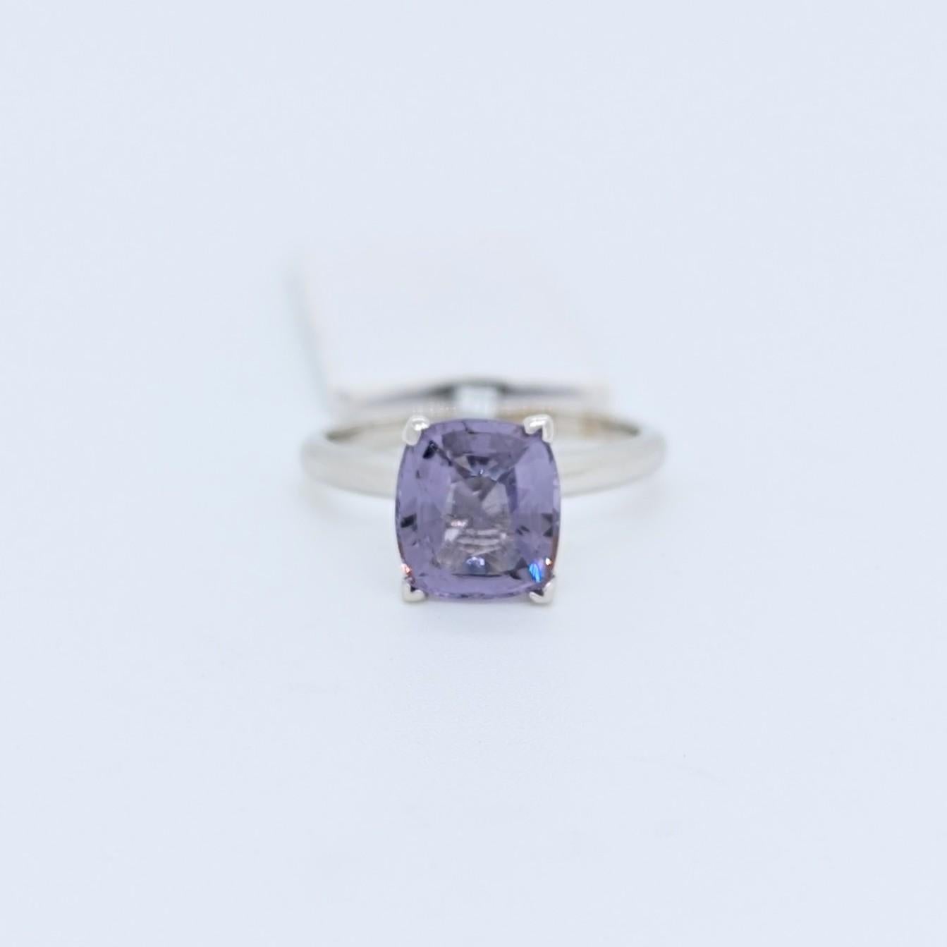 Purple Spinel Cushion Solitaire Ring in 14K White Gold For Sale 2