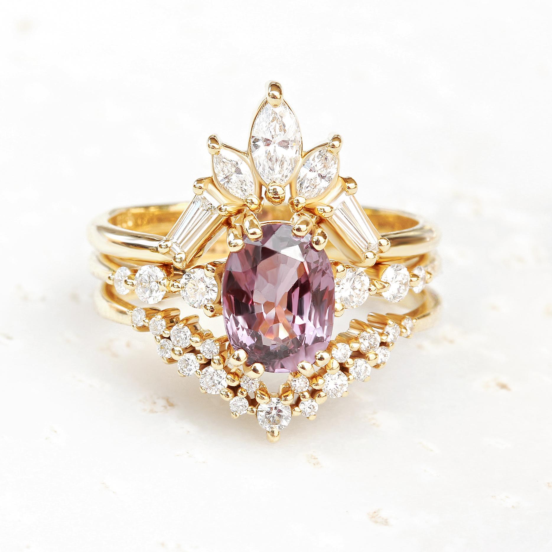 Oval Cut Purple Spinel & Diamonds Engagement Rings set, Candy pop + Artemis For Sale