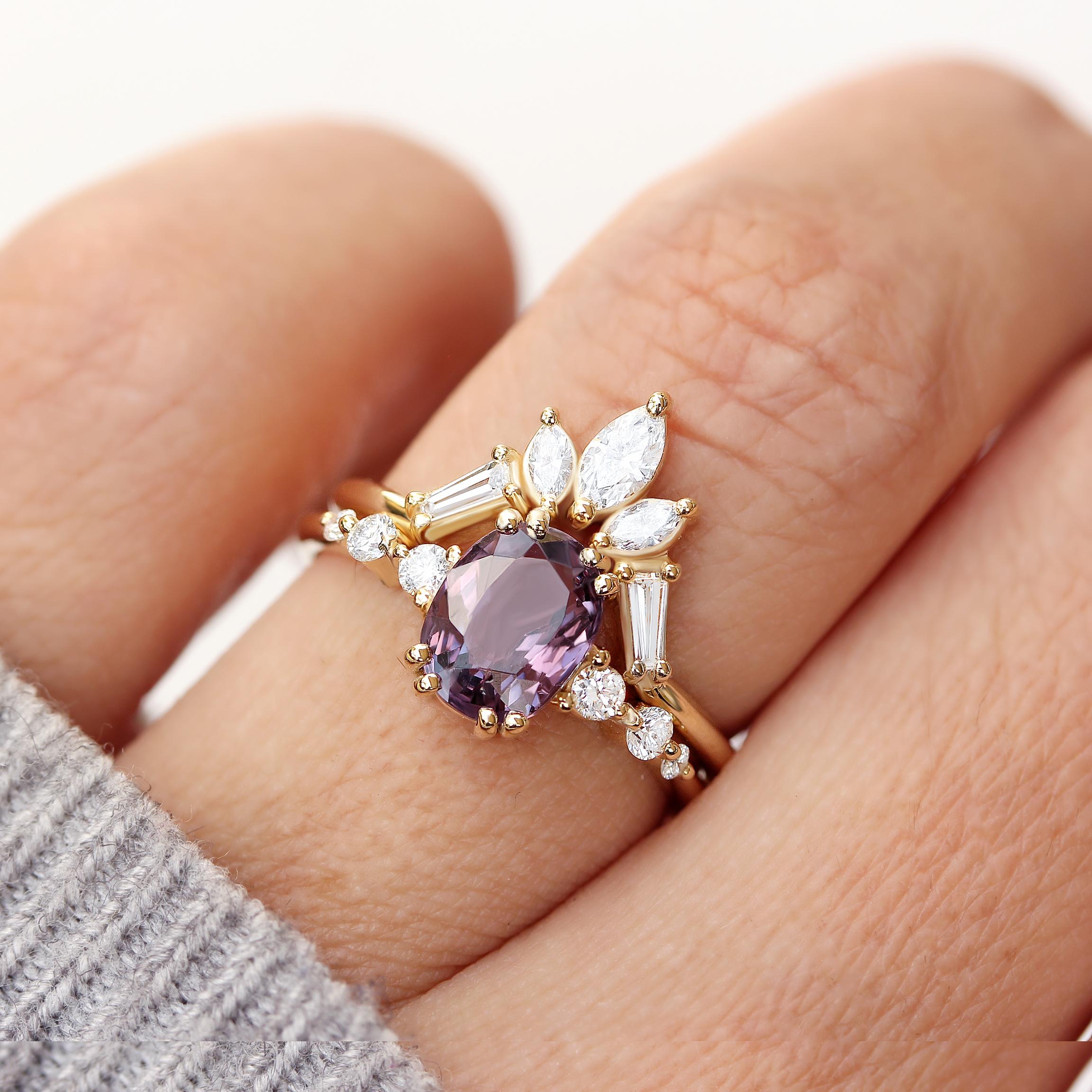Women's Purple Spinel & Diamonds Engagement Rings set, Candy pop + Artemis For Sale