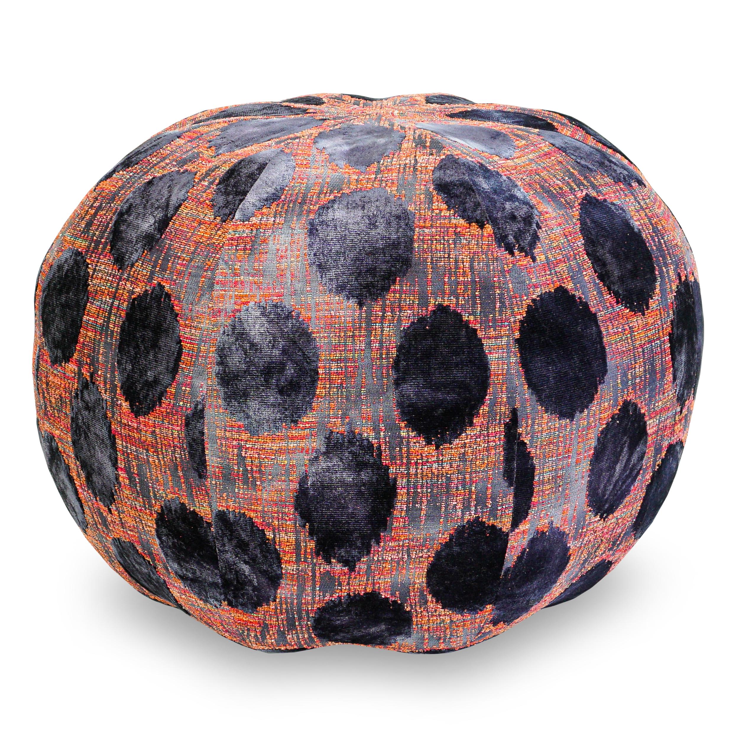 Giant pouf ottoman, sturdy enough to sit on or to support a small tray. Fabric is a traditional Turkish Dot design with a modern twist. A contrasting boucle ground features lusciously soft velvet spots. Can be customized in any