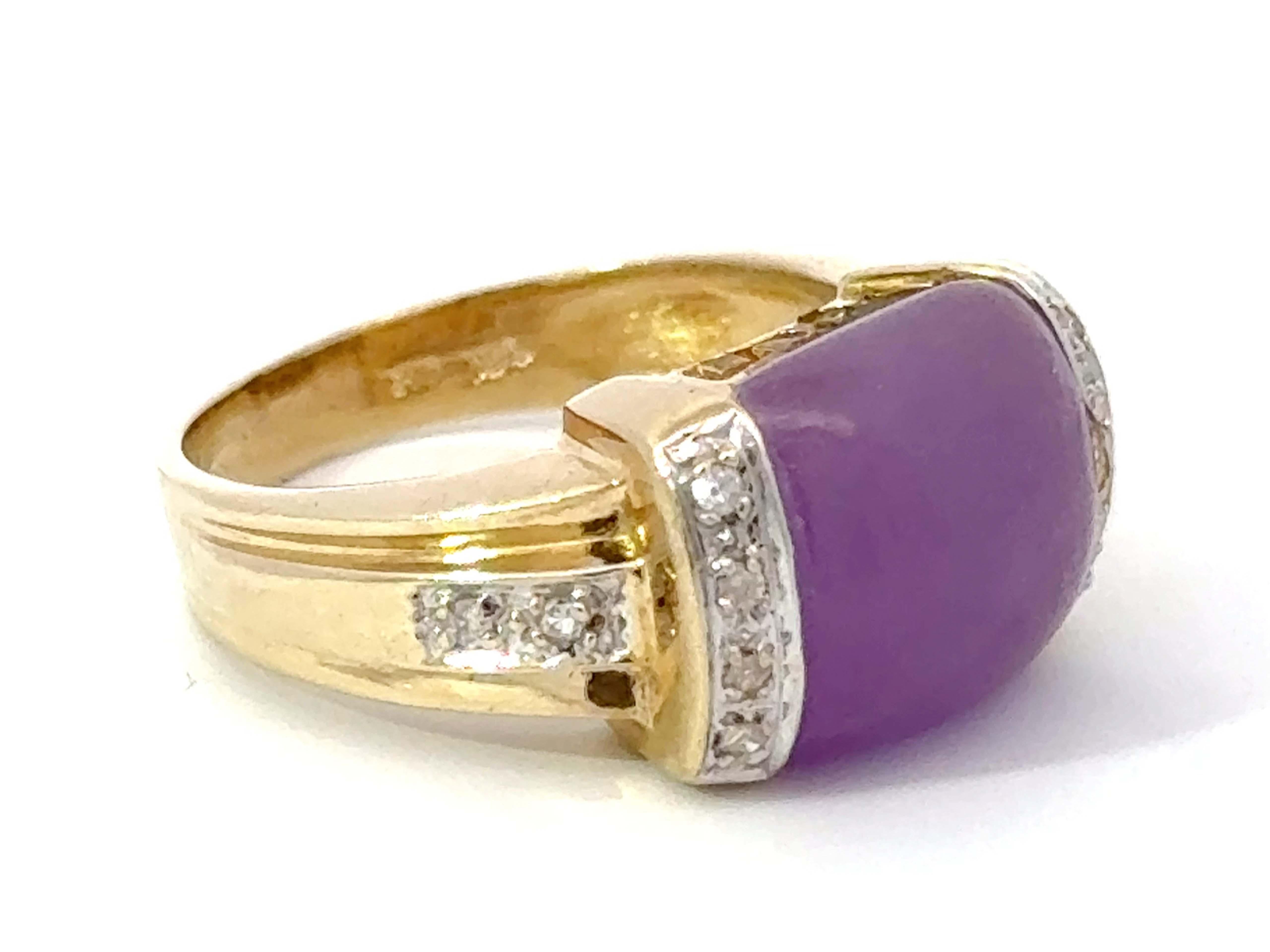 Modern Purple Square Cabochon Jade and Diamond Ring 14k Yellow Gold For Sale