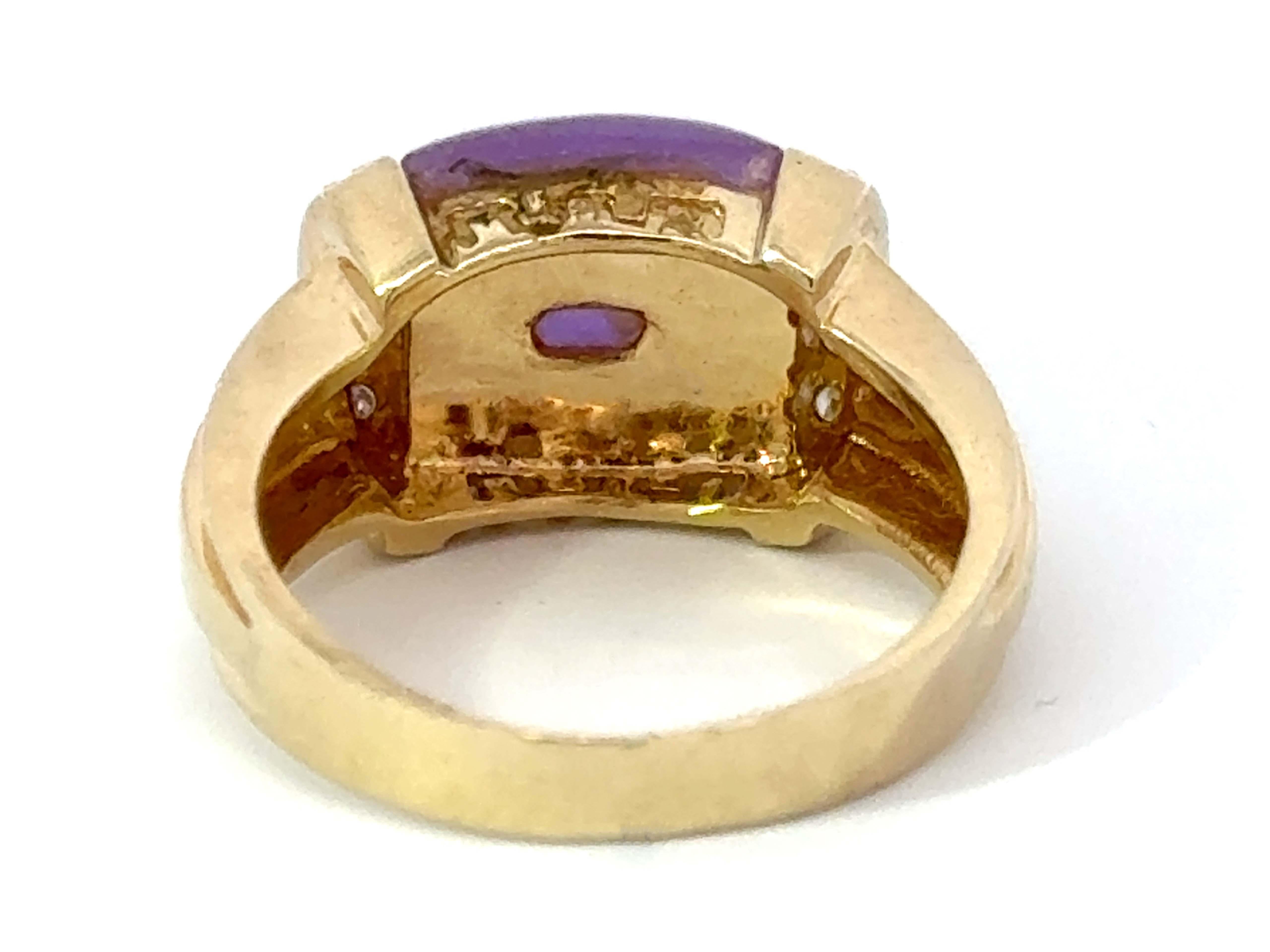 Purple Square Cabochon Jade and Diamond Ring 14k Yellow Gold For Sale 2