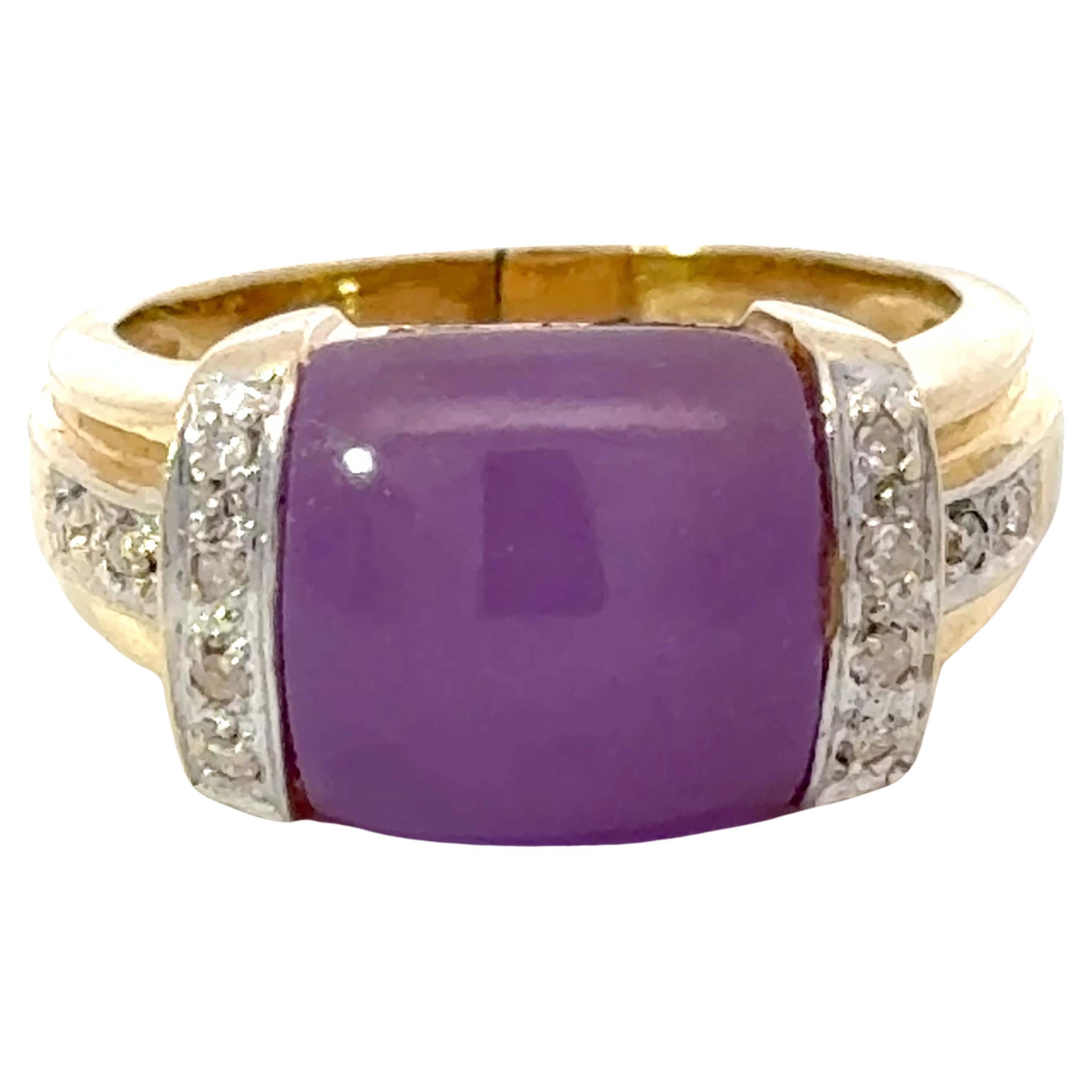 Purple Square Cabochon Jade and Diamond Ring 14k Yellow Gold For Sale